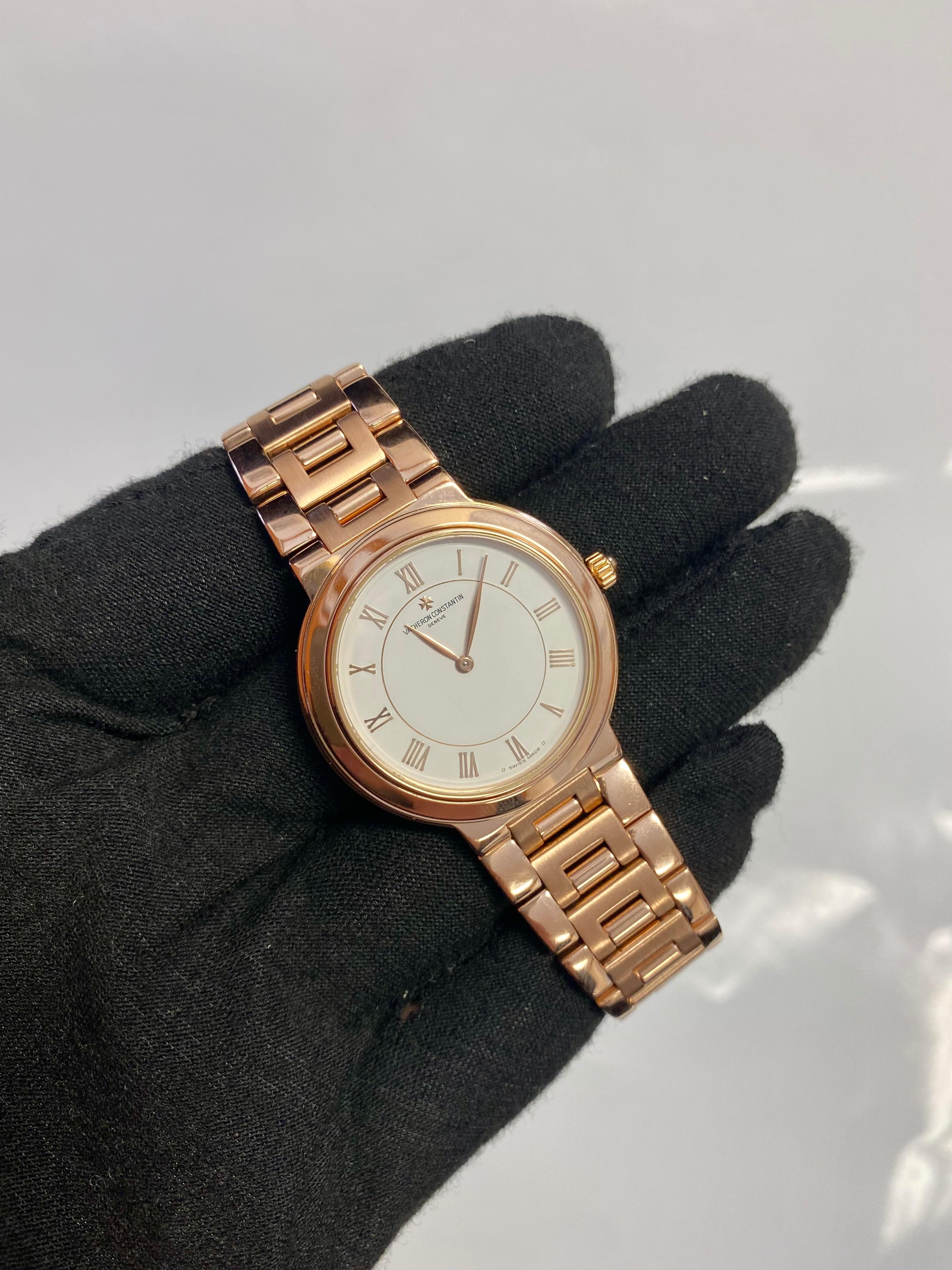 Vacheron Constantin Patrimony 18K Rose Gold Ultra ladies Watch 670852. Manual winding movement. 18K rose gold case 32 mm in diameter. Straight lugs. Thickness 5.5 mm. 18K rose gold fixed bezel. Scratch-resistant sapphire crystal. White dial with