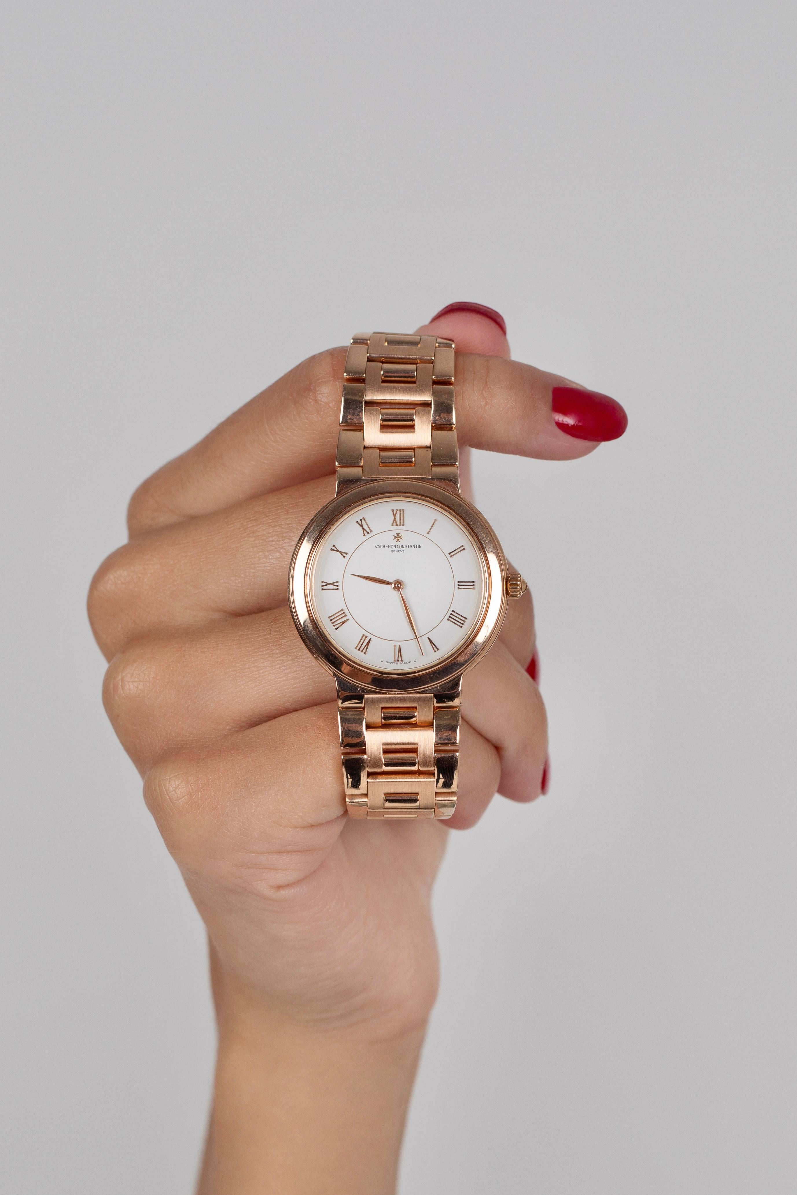 Vacheron Constantin Sovereign 18K Rose Gold Ultra ladies Watch 67****. Manual winding movement. 18K rose gold case 32 mm in diameter. Straight lugs. Thickness 5.5 mm. 18K rose gold fixed bezel. Scratch-resistant sapphire crystal. White dial with