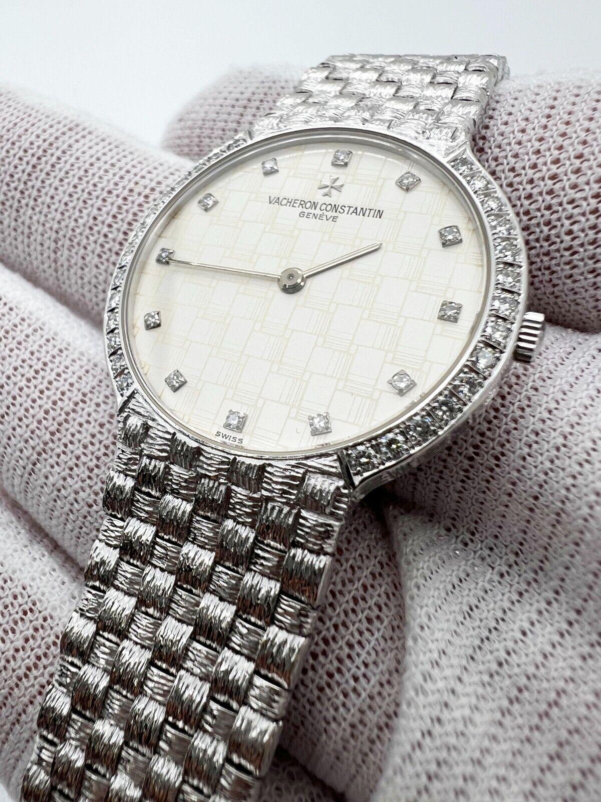 Model: Patrimony
 
Case Material: 18K White Gold
 
Band: 18K White Gold
 
Bezel: 18K White Gold
 
Dial: Diamond Dial 
 
Face: Sapphire Crystal 
 
Case Size: 32mm 
 
Includes: 
-Elegant Watch Box
-Certified Appraisal 
-1 Year Warranty