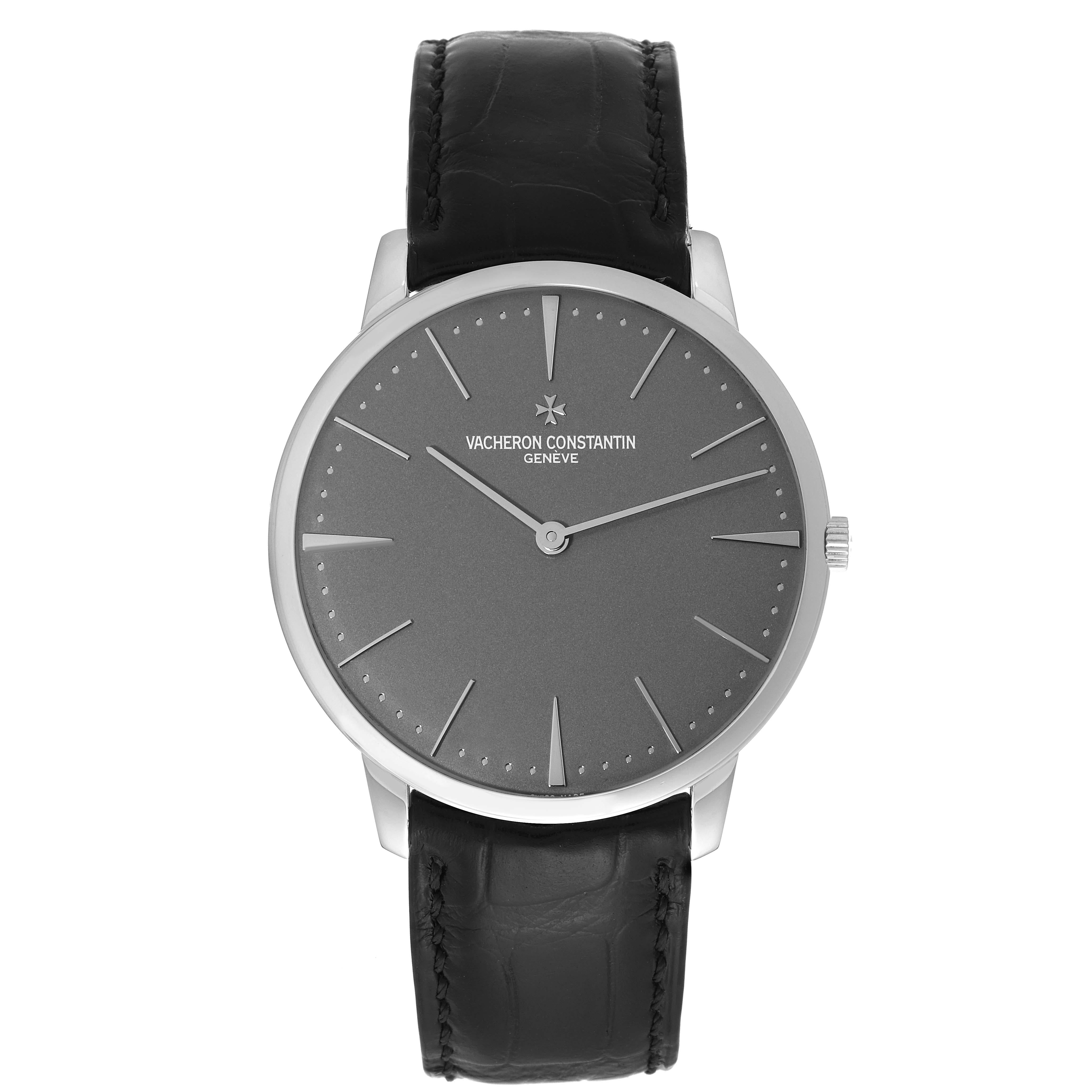 Vacheron Constantin Patrimony Grand Taille Grey Dial Platinum Mens Watch 81180. Manual winding movement. Platinum case 40 mm in diameter.  Case thickness 6.7 mm. Platinum smooth bezel. Scratch resistant sapphire crystal. Slate grey dial with baton