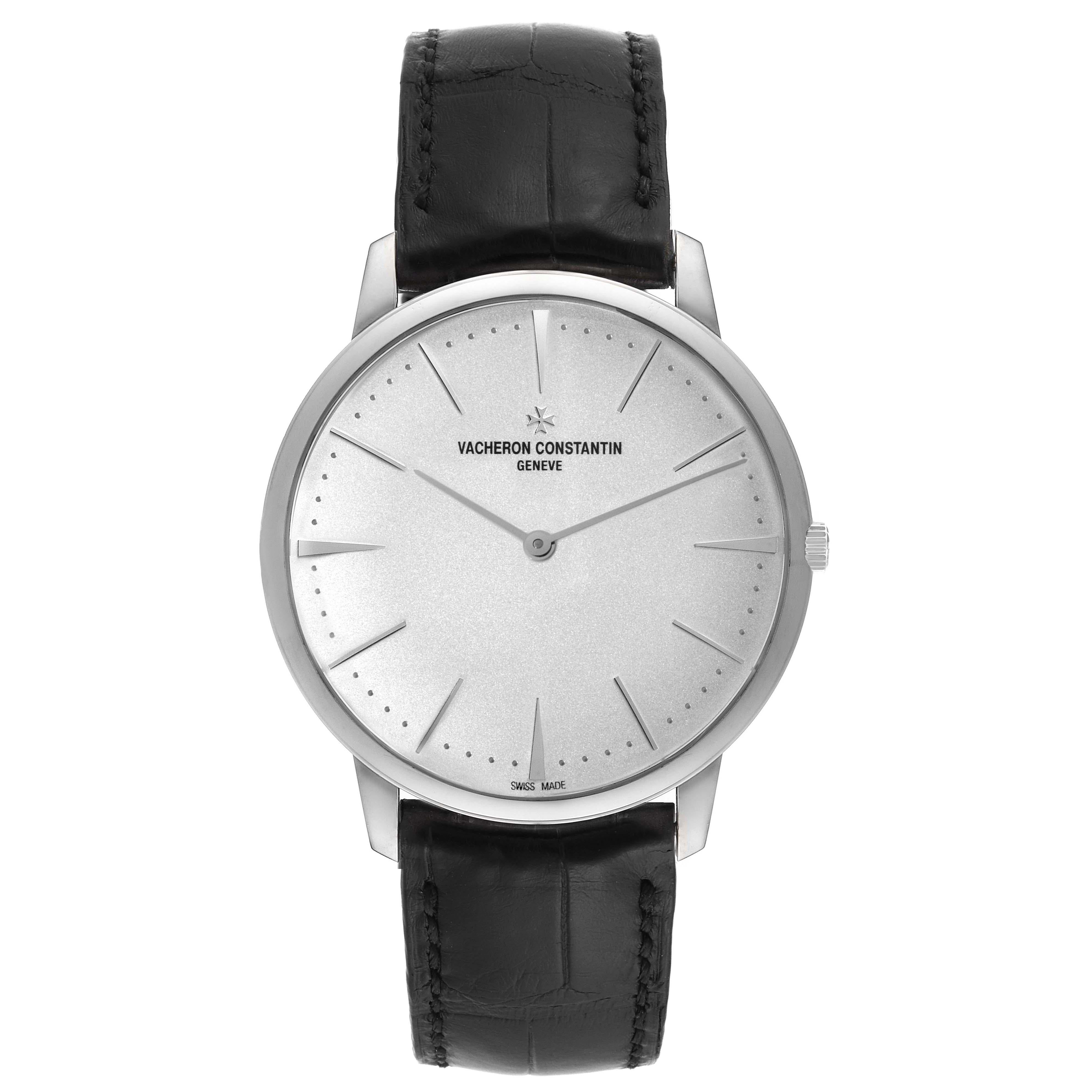 Vacheron Constantin Patrimony Grand Taille White Gold Mens Watch 81180. Manual winding movement. 18k white gold case 40 mm in diameter.  Case thickness 6.7 mm. 18k white gold smooth bezel. Scratch resistant sapphire crystal. Silver dial with baton