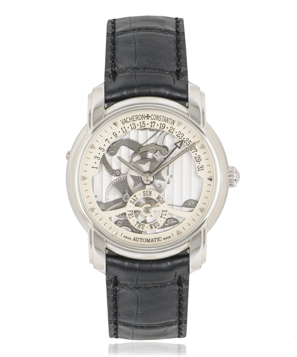 A rare limited edition platinum 37mm Patrimony Malte semi-skeleton openwork gents wristwatch from the Les Complication collection made by Vacheron Constantin.

This piece as well as displaying the time also shows the 31 days using a retrograde