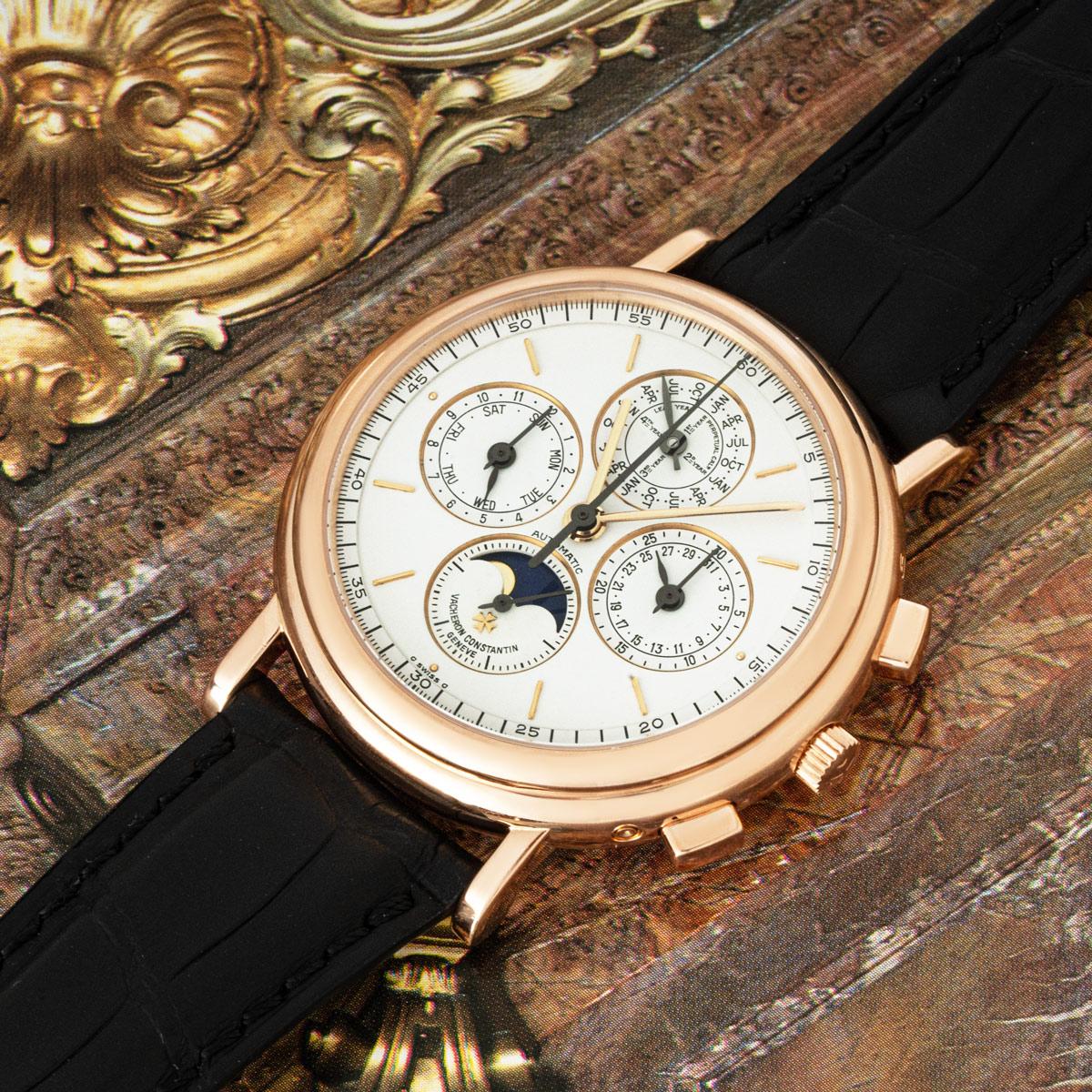 A 38mm Vacheron Constantin Patrimony Perpetual Calendar Chronograph in rose gold. Featuring a silver dial with displays of the day, date, month and year. The dial also features a small seconds sub-dial, moon phase indicator, a 30 minute counter as