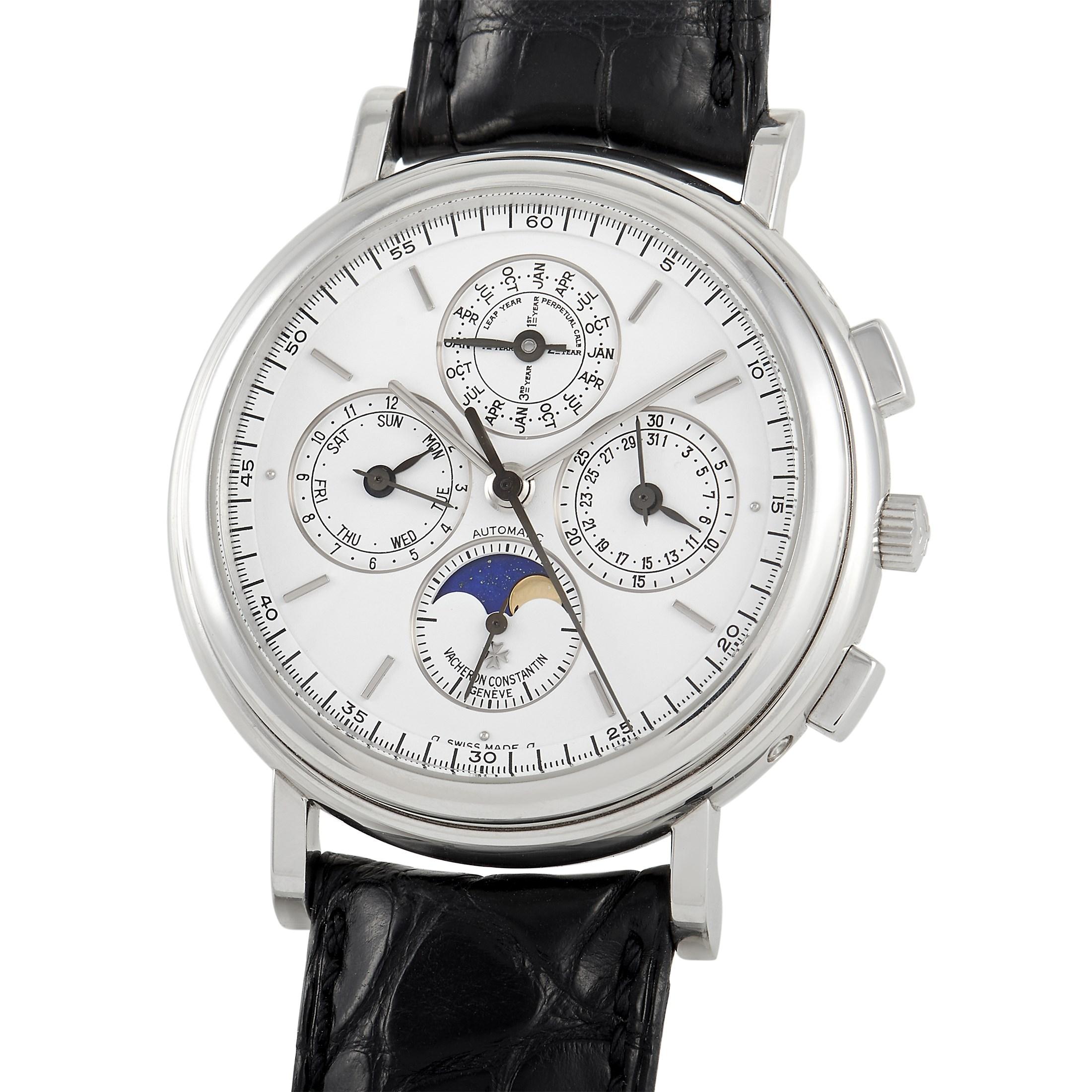 Unveiled in 1992, the Patrimony Platinum Watch 49005/000P is the first perpetual calendar chronograph introduced by Vacheron Constantin. It features a 38mm round case in platinum with a stepped bezel, a solid back secured by 8 screws, a white dial,