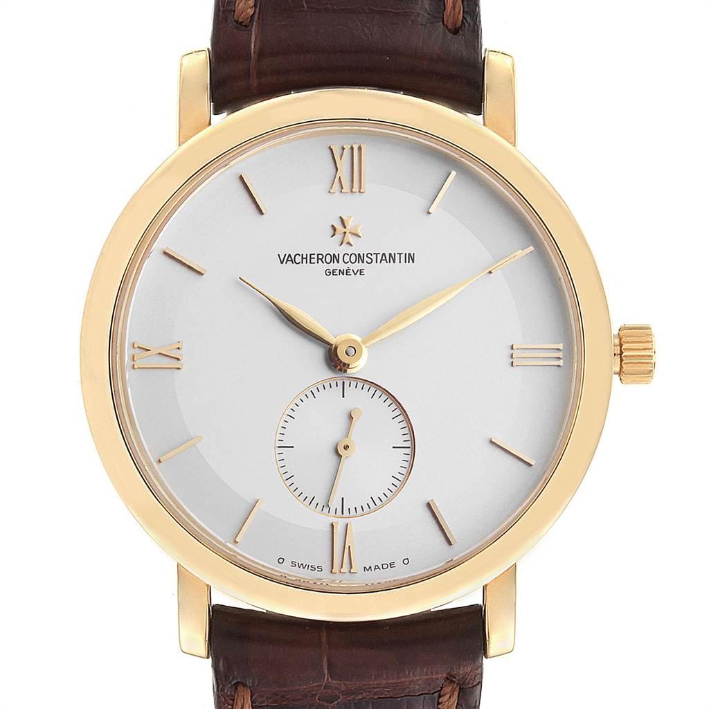 Vacheron Constantin Patrimony Yellow Gold Silver Dial Mens Watch 81160. Manual winding movement. Caliber 1400, stamped with the Seal of Geneva quality mark, rhodium-plated, fausses cotes decoration, 20 jewels, straight line lever escapement,