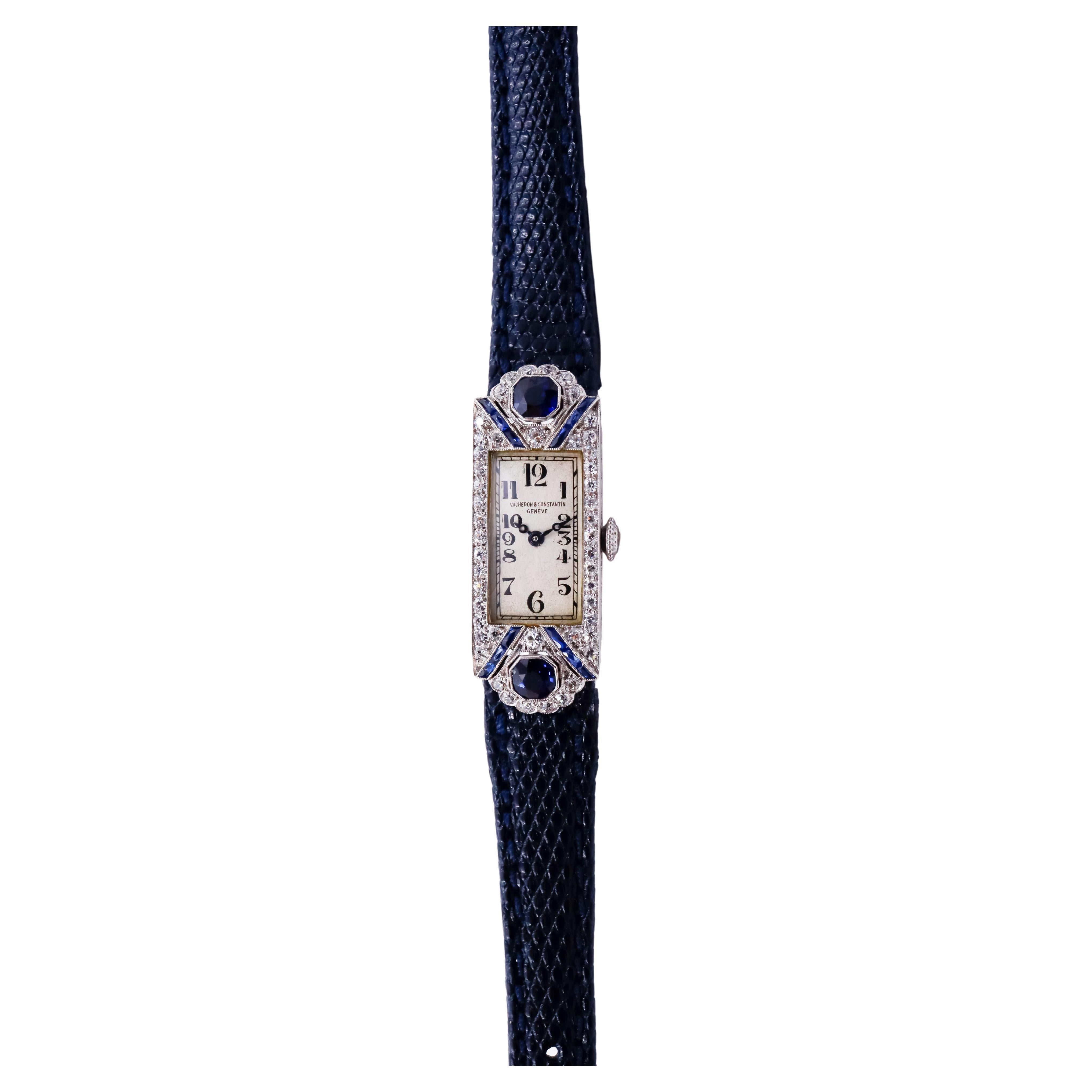 Vacheron Constantin Platinum and Diamond Dress Watch with Ceylon Sapphires, 1920 For Sale 3