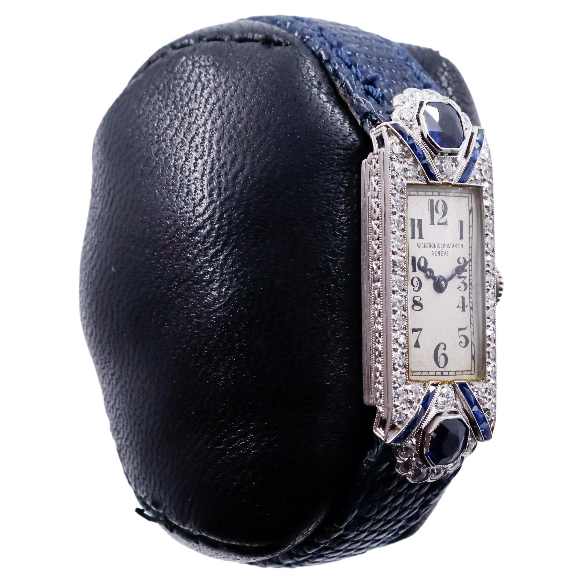 FACTORY / HOUSE: Vacheron Constantin for Merimont
STYLE / REFERENCE: Art Deco / Dress Watch
METAL / MATERIAL: Platinum Diamond Sapphires
CIRCA / YEAR: 1920's
DIMENSIONS / SIZE:  Length 39mm X Width 14mm
MOVEMENT / CALIBER: Manual Winding / 18 Jewels