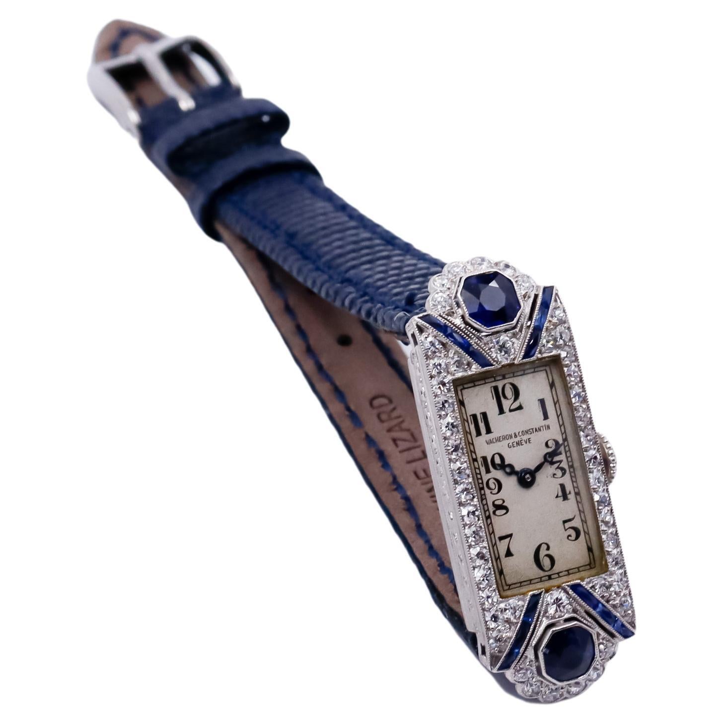 Vacheron Constantin Platinum and Diamond Dress Watch with Ceylon Sapphires, 1920 In Excellent Condition For Sale In Long Beach, CA