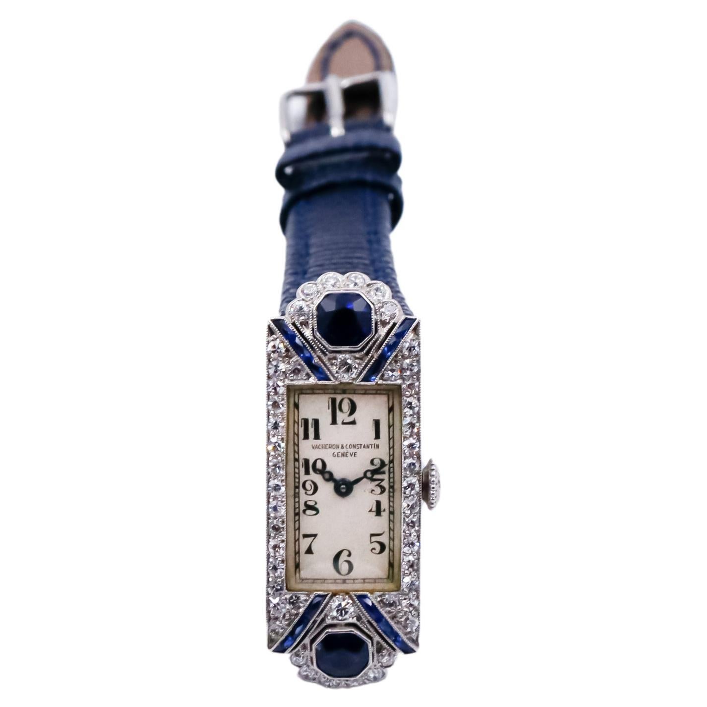Art Deco Vacheron Constantin Platinum and Diamond Dress Watch with Ceylon Sapphires, 1920 For Sale