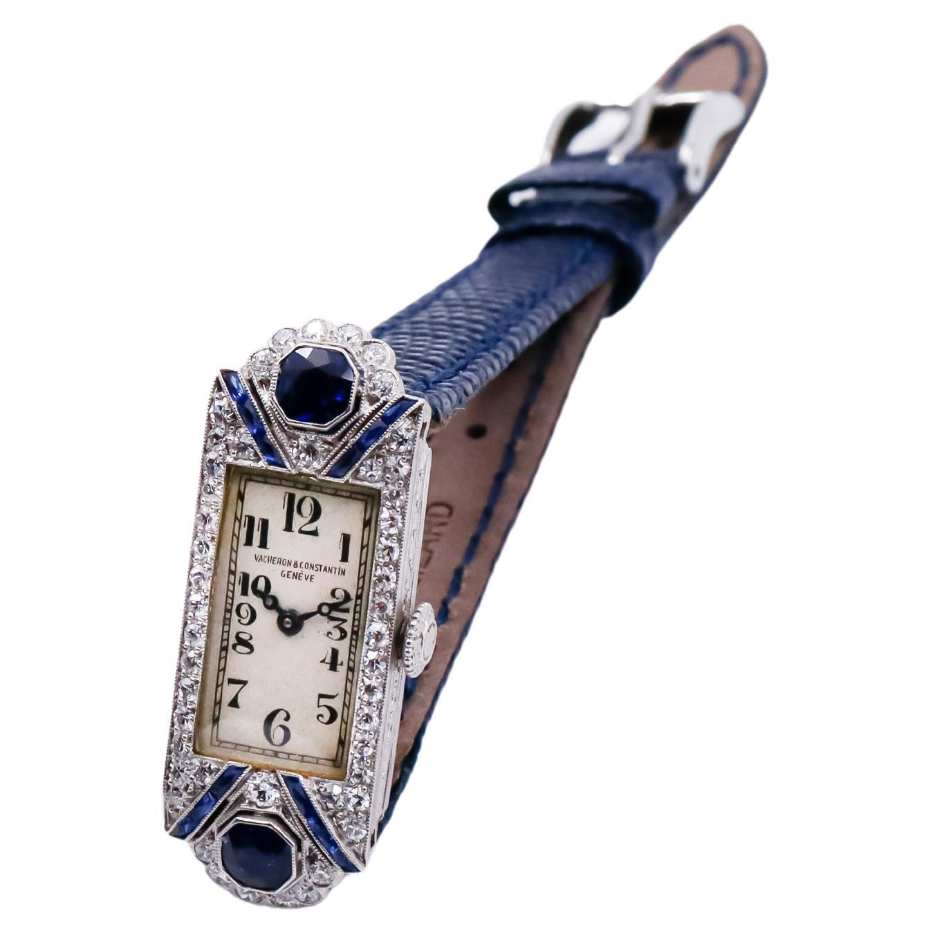 Vacheron Constantin Platinum and Diamond Dress Watch with Ceylon Sapphires, 1920 In Excellent Condition For Sale In Long Beach, CA