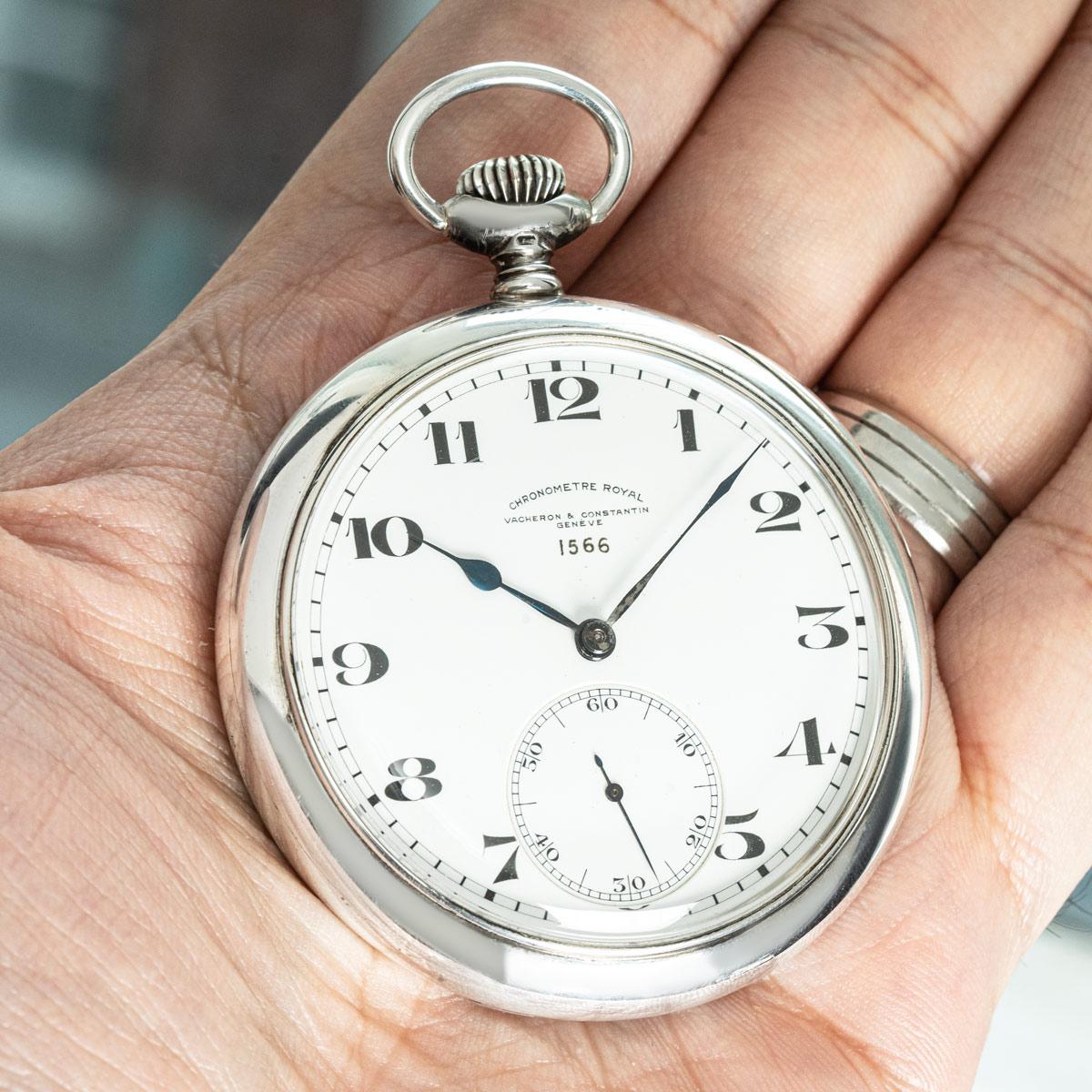 Vacheron & Constantin. A Rare and Historical Silver Keyless Lever Military Deck Watch, C1941.

Dial: The original perfect white enamel dial with Arabic numerals outer minute track signed Chronometre Royal Vacheron & Constantin Geneve and numbered