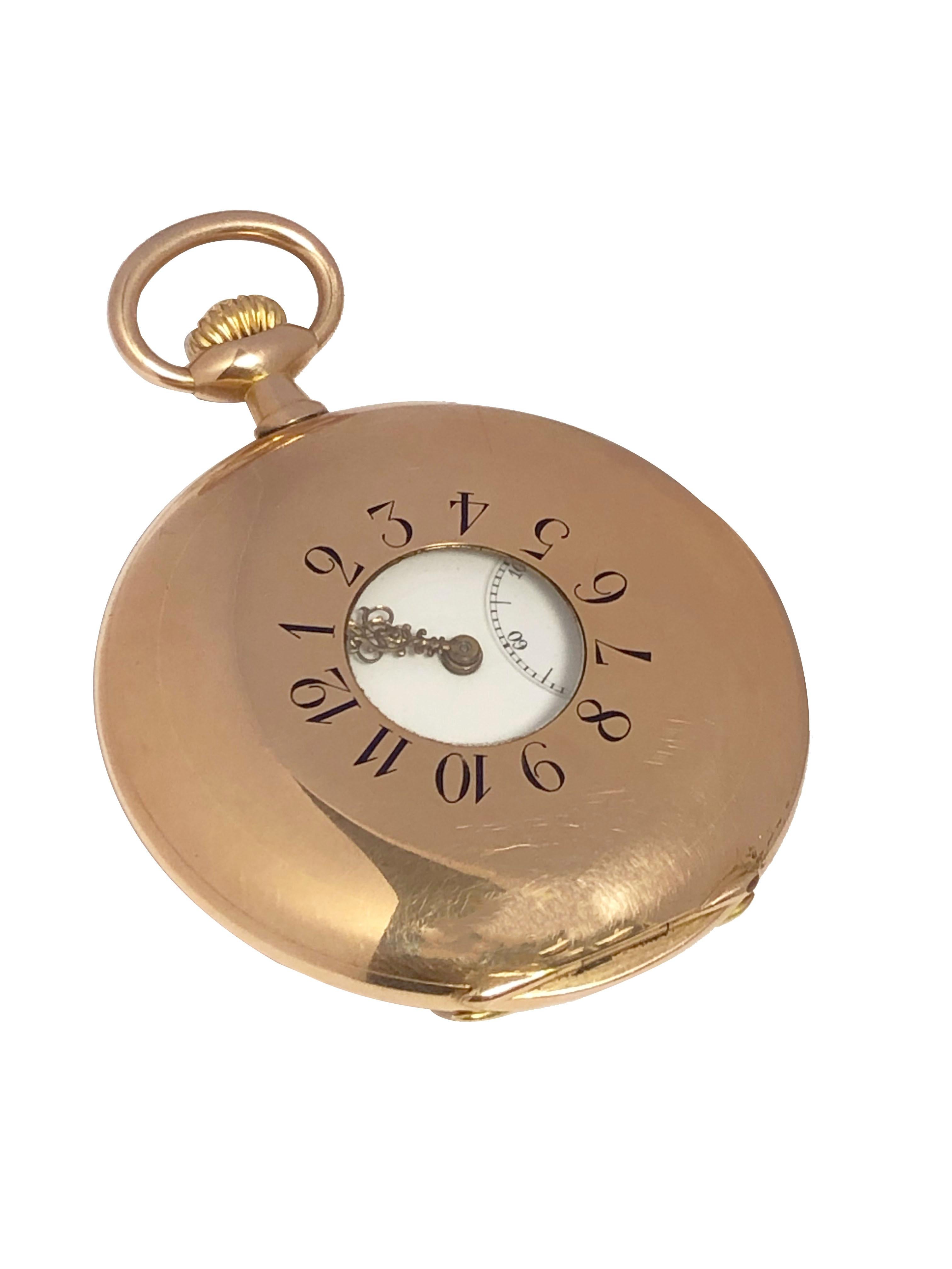Circa 1910 Vacheron & Constantin Pocket watch, 14k Rose Gold 53 M.M Demi Hunter with inside Gold dust cover, Gilt lever movement, Porcelain dial with Gold Hands. Signed Vacheron Case and Movement, inside dust cover having an engraved presentation,