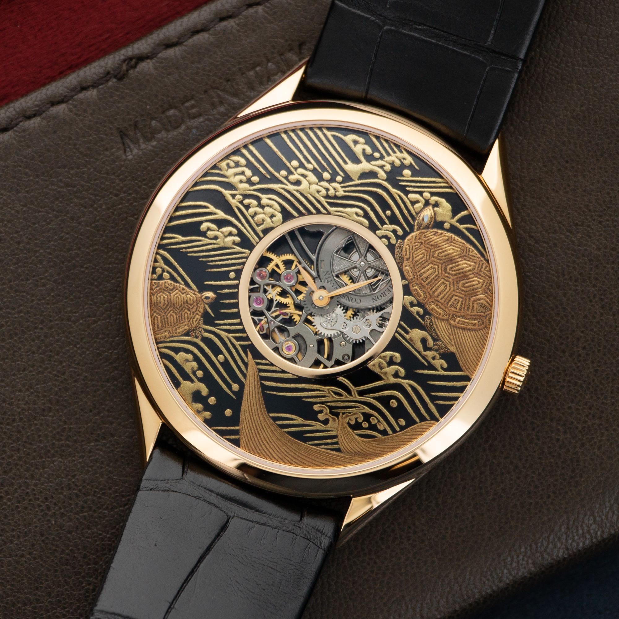 An 18k Rose Gold Enamel Dial Skeleton Watch by Vacheron Constantin. Model 33222/000R-9548. 40mm Diameter. Extraordinary Limited Edition Watch