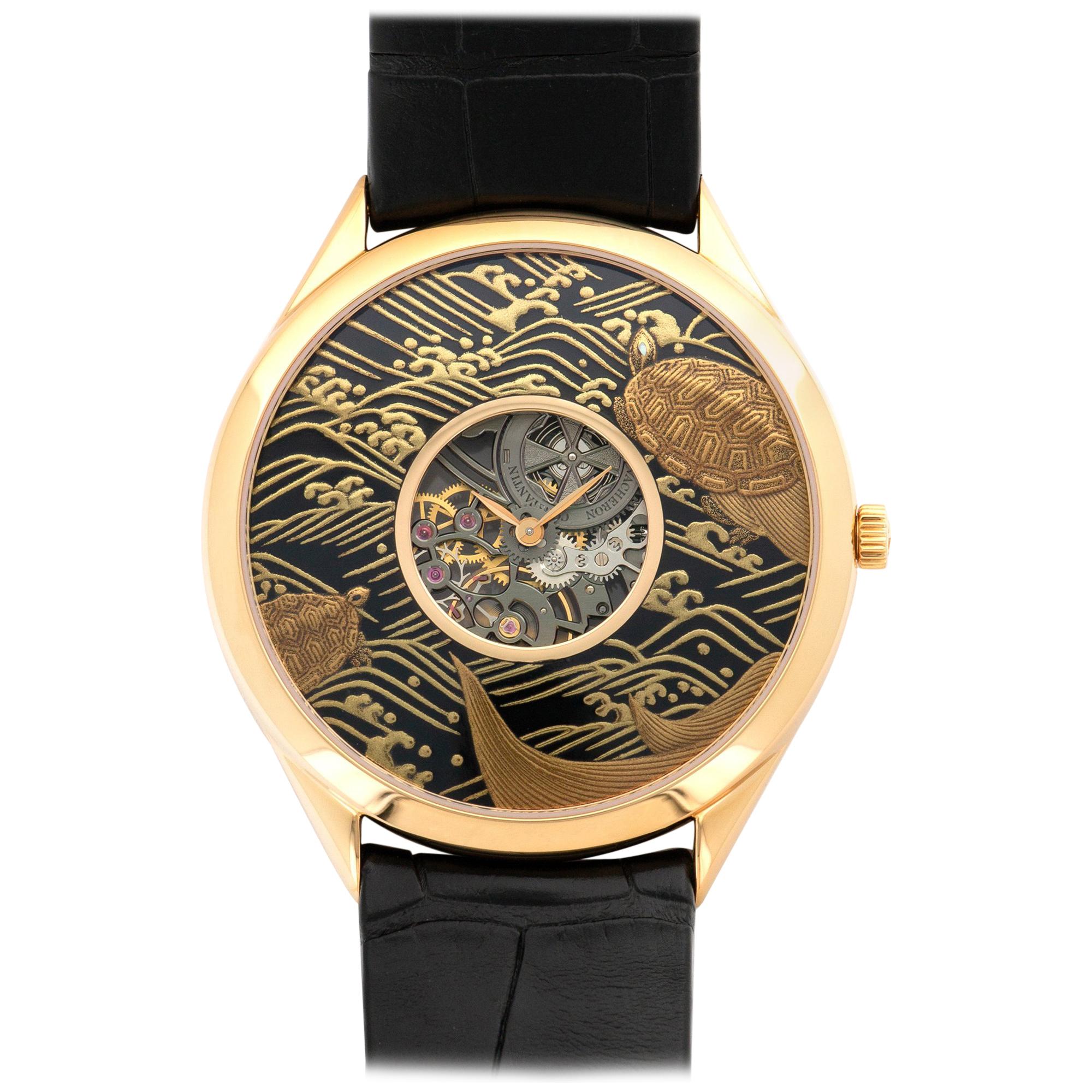 Vacheron Constantin Rose Gold Enamel Metiers D'Art Skeleton Wristwatch For Sale
