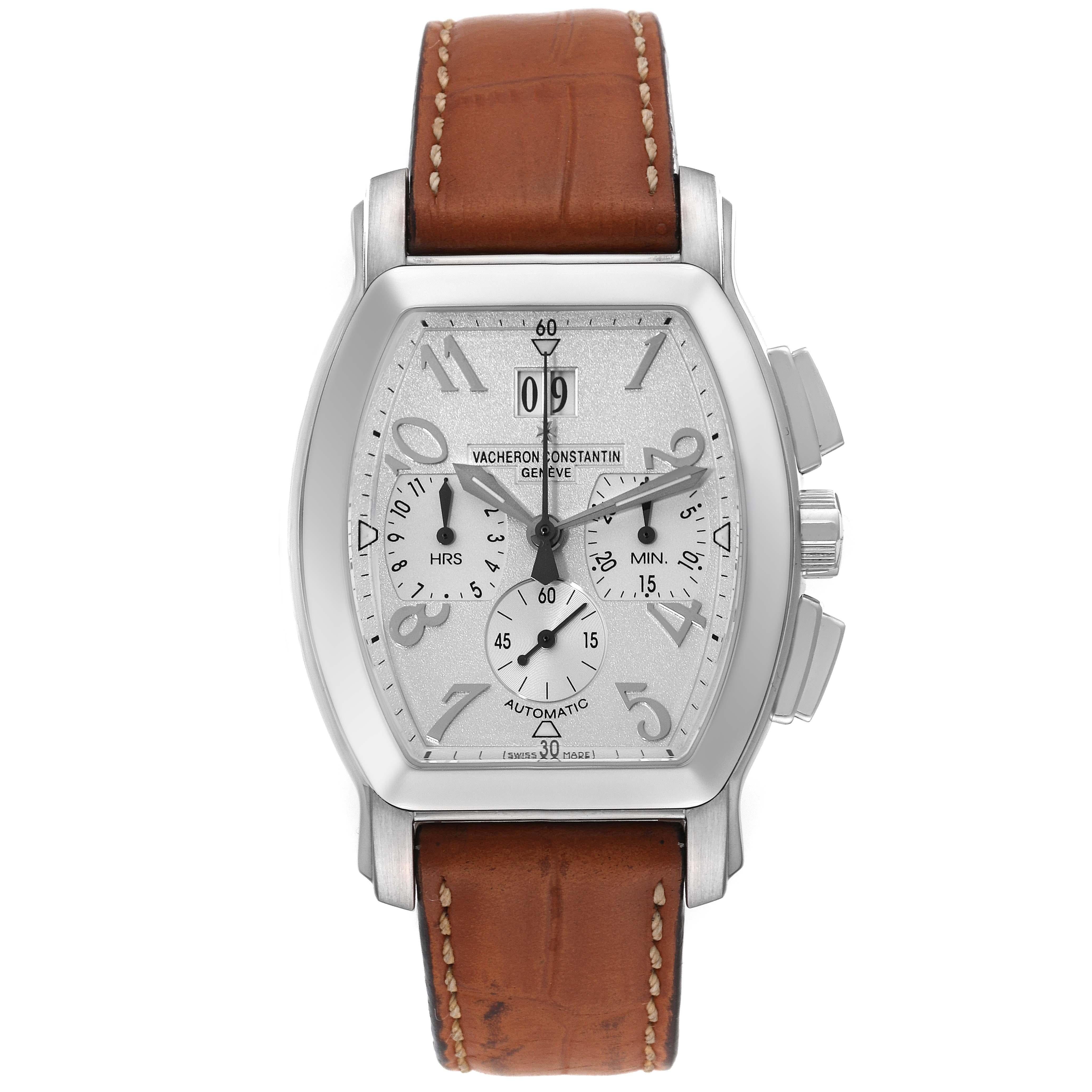 Vacheron Constantin Royal Eagle Chronograph Silver Dial Steel Mens Watch 49145. Automatic self-winding movement.  Rhodium-plated, fausses cotes decoration, straight-line lever escapement, monometallic balance adjusted to 5 positions, shock absorber,
