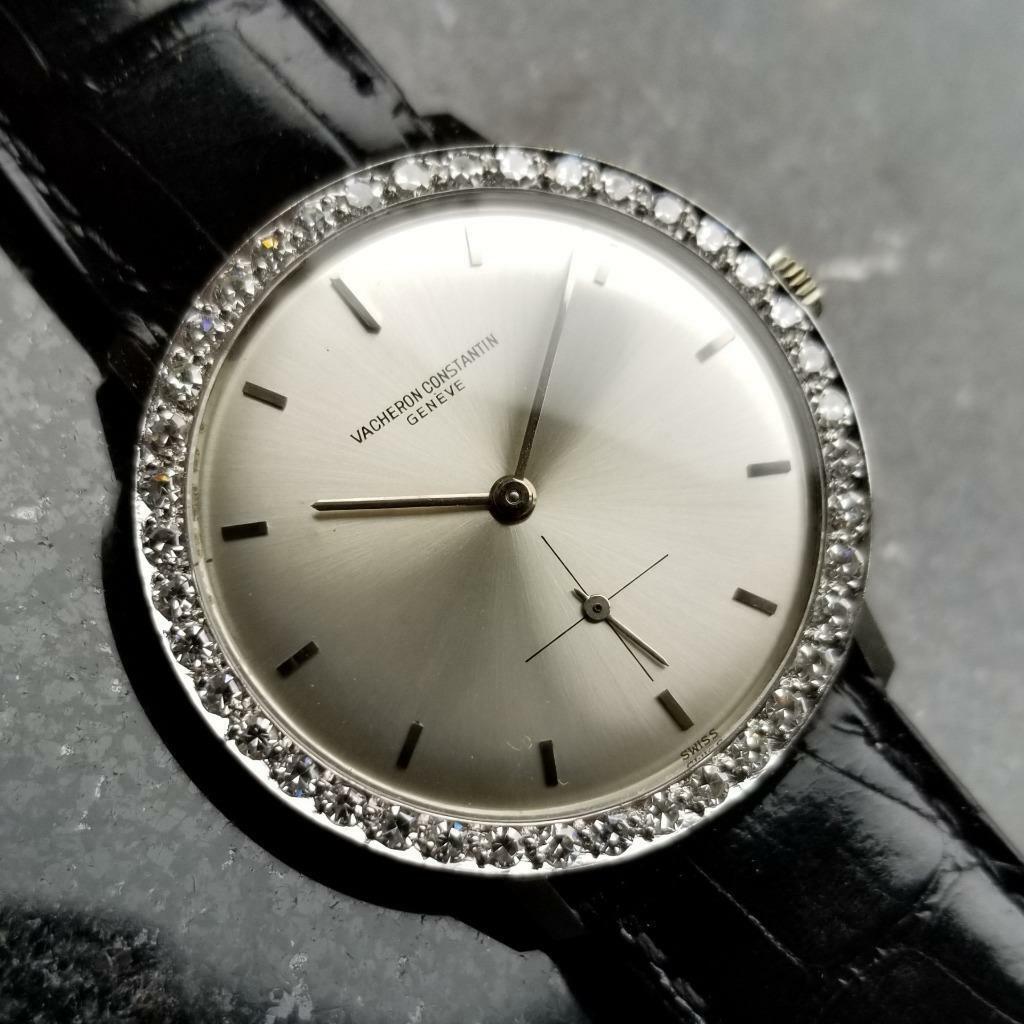 Vintage Unique Mens 34mm Vacheron Constantin Geneve Solid 18k white Gold and Diamond 1970s watch on black genuine Alligator strap in excellent condition. Swiss Made Watch. Vintage Vacheron Constantin Beautiful Watch, No Damage This watch has been