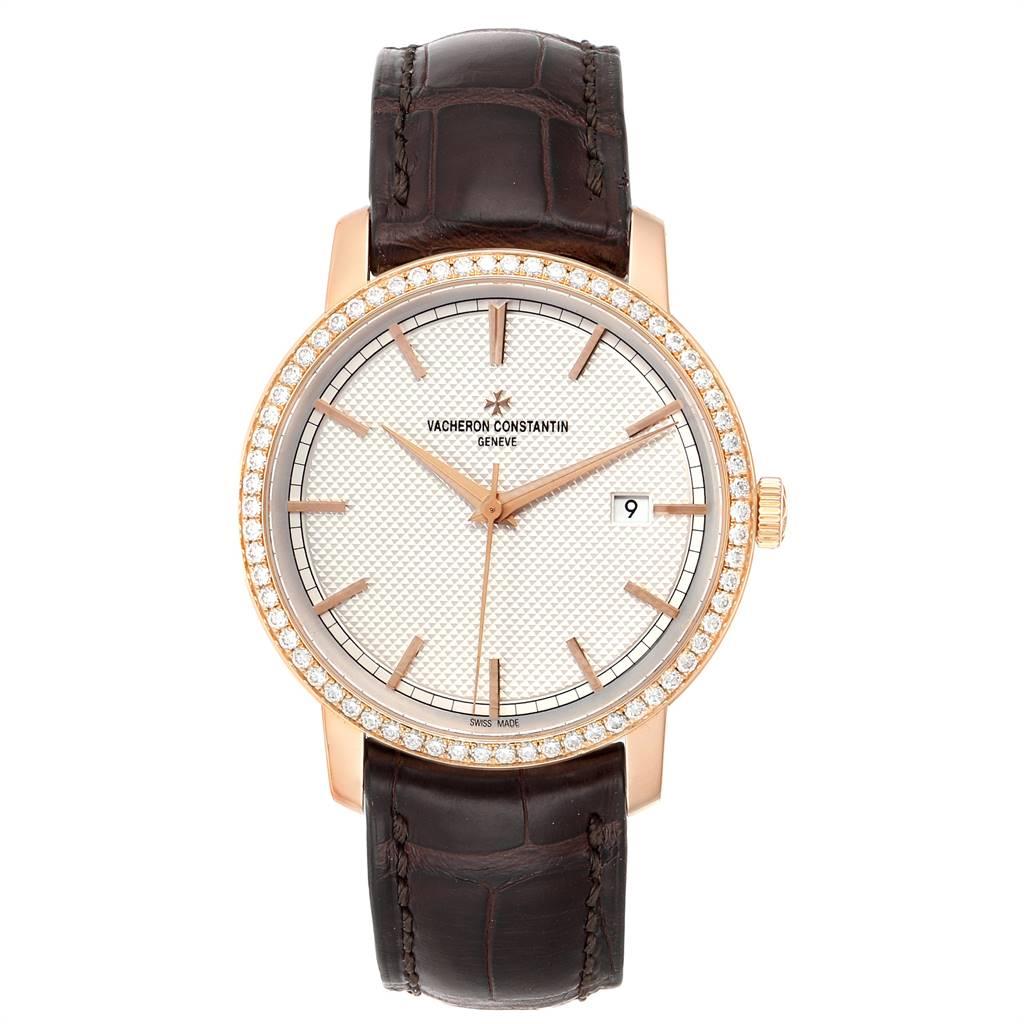 Vacheron Constantin Traditionnelle Rose Gold Diamond Mens Watch 85520. Automatic self-winding movement. 18K rose gold case 40.0 mm in diameter. 18K rose gold diamond bezel. Scratch resistant sapphire crystal. Engine-turned knurled dial with raised