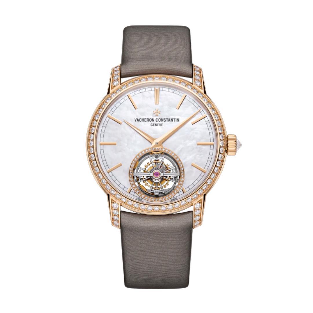 The Vacheron Constantin Traditionnelle Tourbillon is crafted in an 18k rose gold case measuring 39mm, designed for the female wrist. The stunning mother of pearl dial features a fully visible tourbillon mechanism inspired by the shape of the Maltese