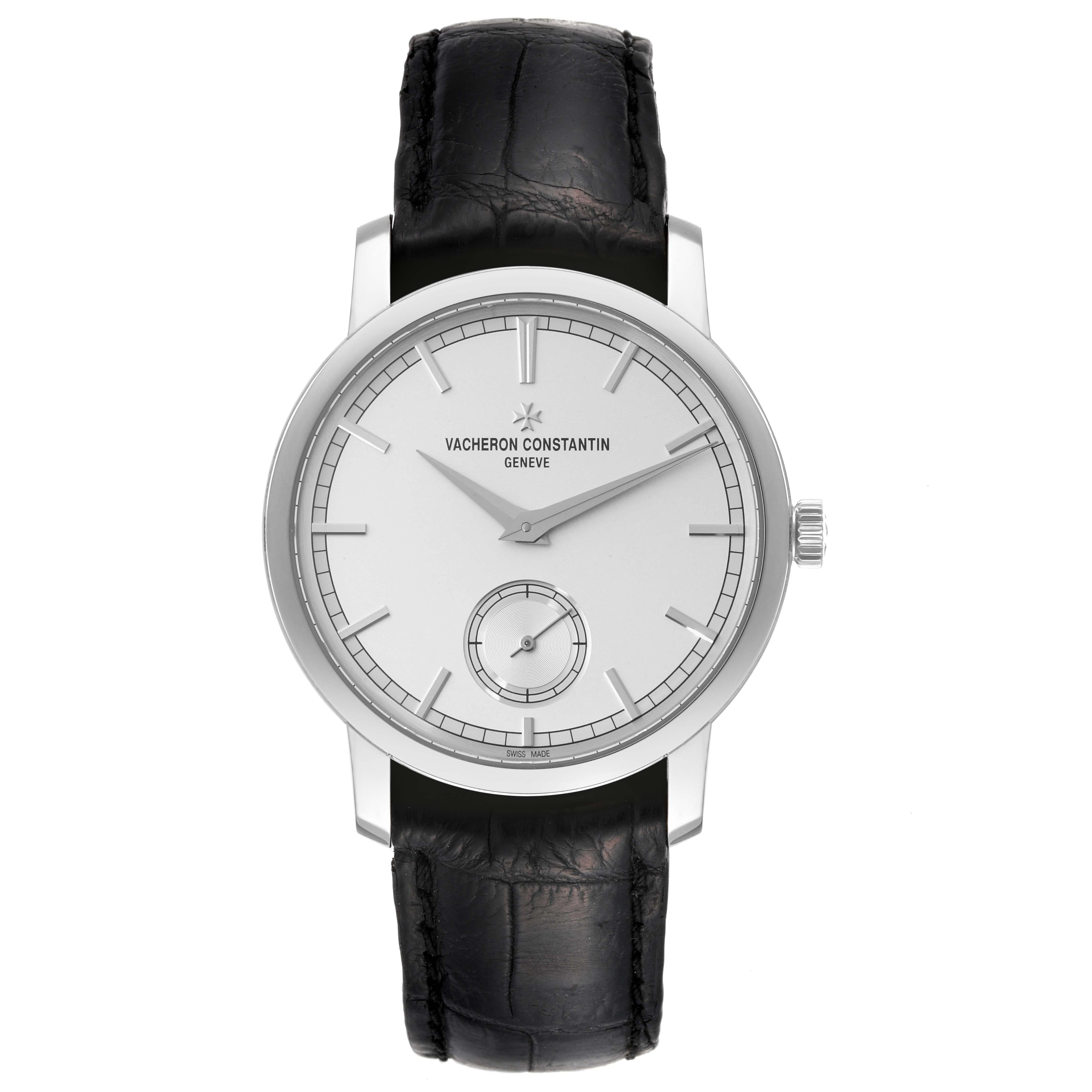 Vacheron Constantin Traditionnelle Silver Dial White Gold Mens Watch 82172. Manual winding movement. 18k white gold case 38.0 mm in diameter. Transparent exhibition sapphire crystal caseback. 18k white gold smooth bezel. Scratch resistant sapphire