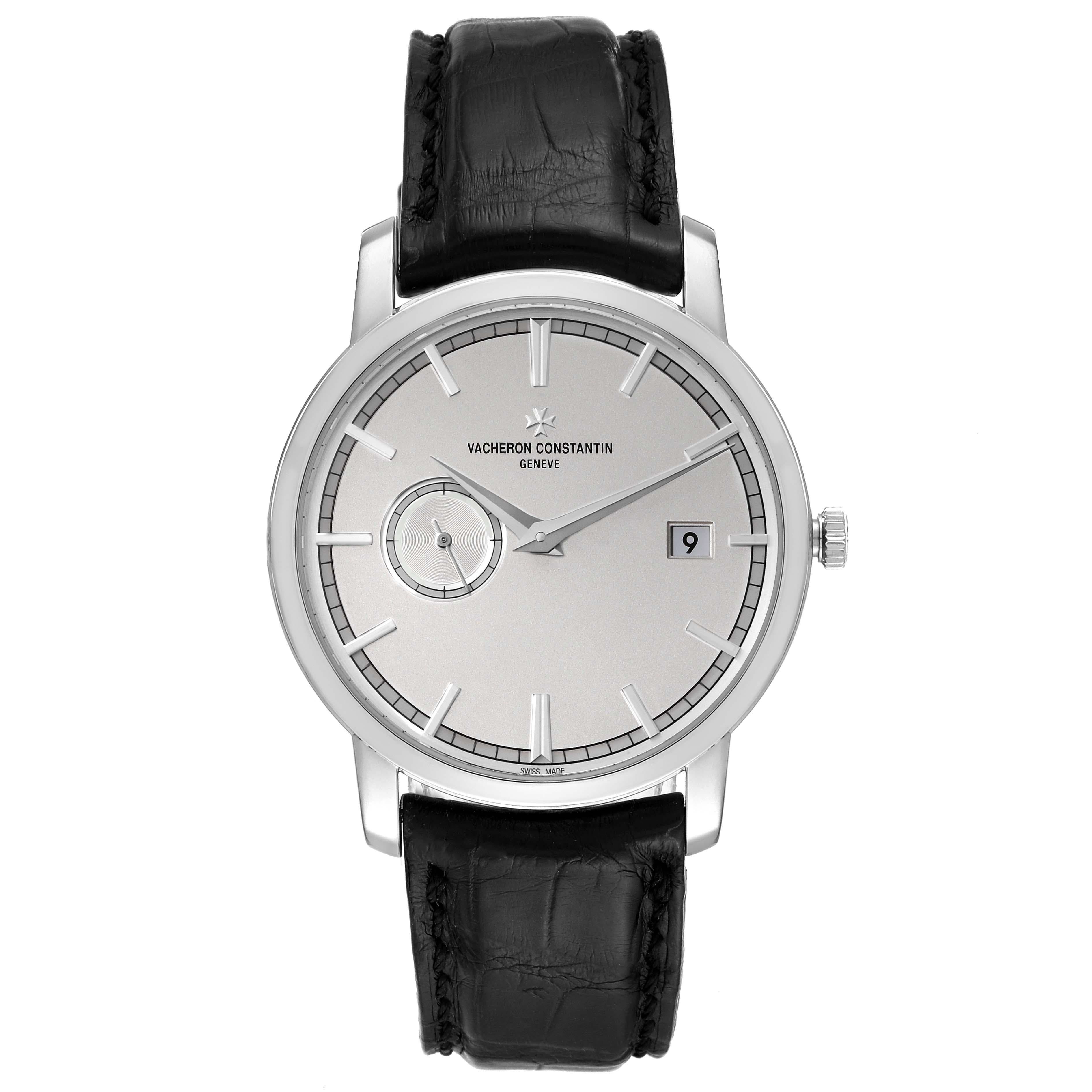 Vacheron Constantin Traditionnelle White Gold Mens Watch 87172 Box Papers. Automatic self-winding movement. 18K white gold case 38.0 mm in diameter. Transparent exhibition sapphire crystal caseback. 18K white gold bezel. Scratch resistant sapphire