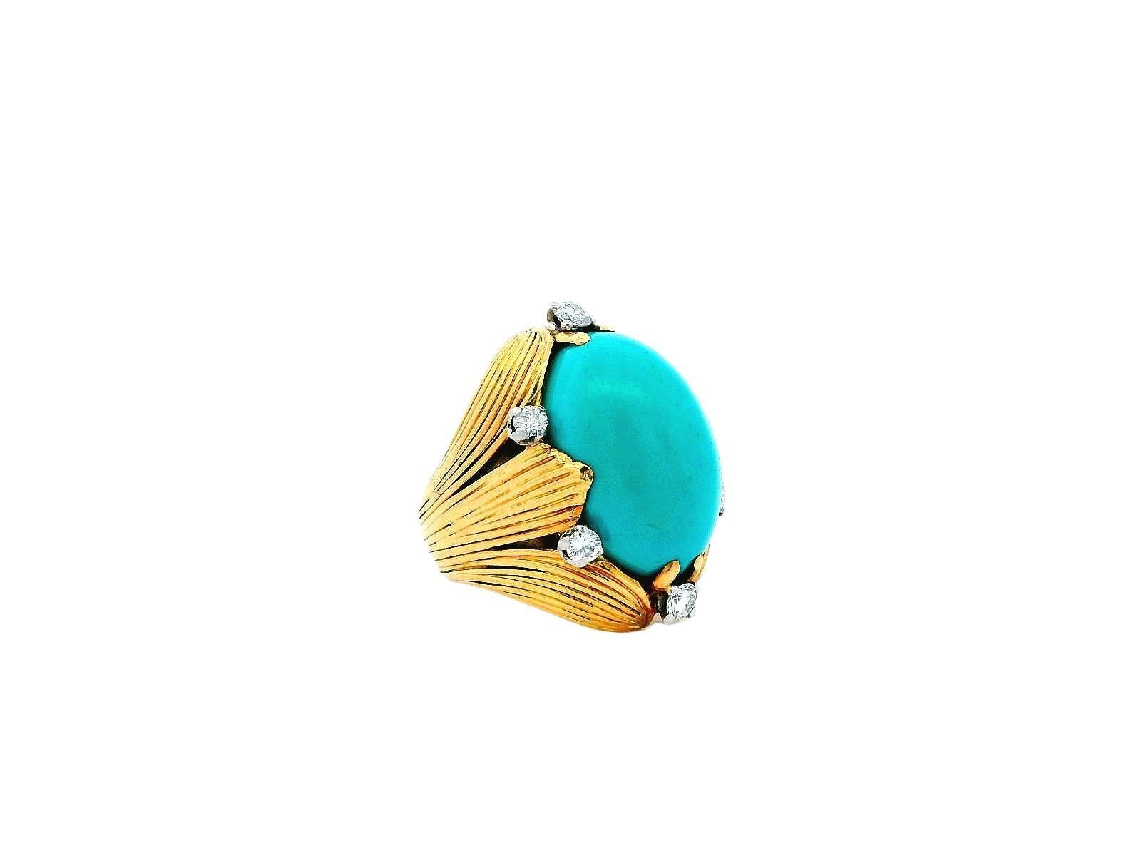 Women's or Men's Vacheron Constantin Turquoise Ring Fluted Leaf With Six Diamond For Sale