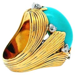 Vintage Vacheron Constantin Turquoise Ring Fluted Leaf With Six Diamond