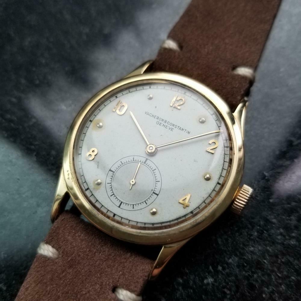 Vintage luxury, men's 18k solid gold Vacheron & Constantin cal.453 manual wind dress watch, c.1950s. Verified authentic by a master watchmaker. Gorgeous vintage Vacheron & Constantin signed white dial, applied Arabic numeral and droplet hour