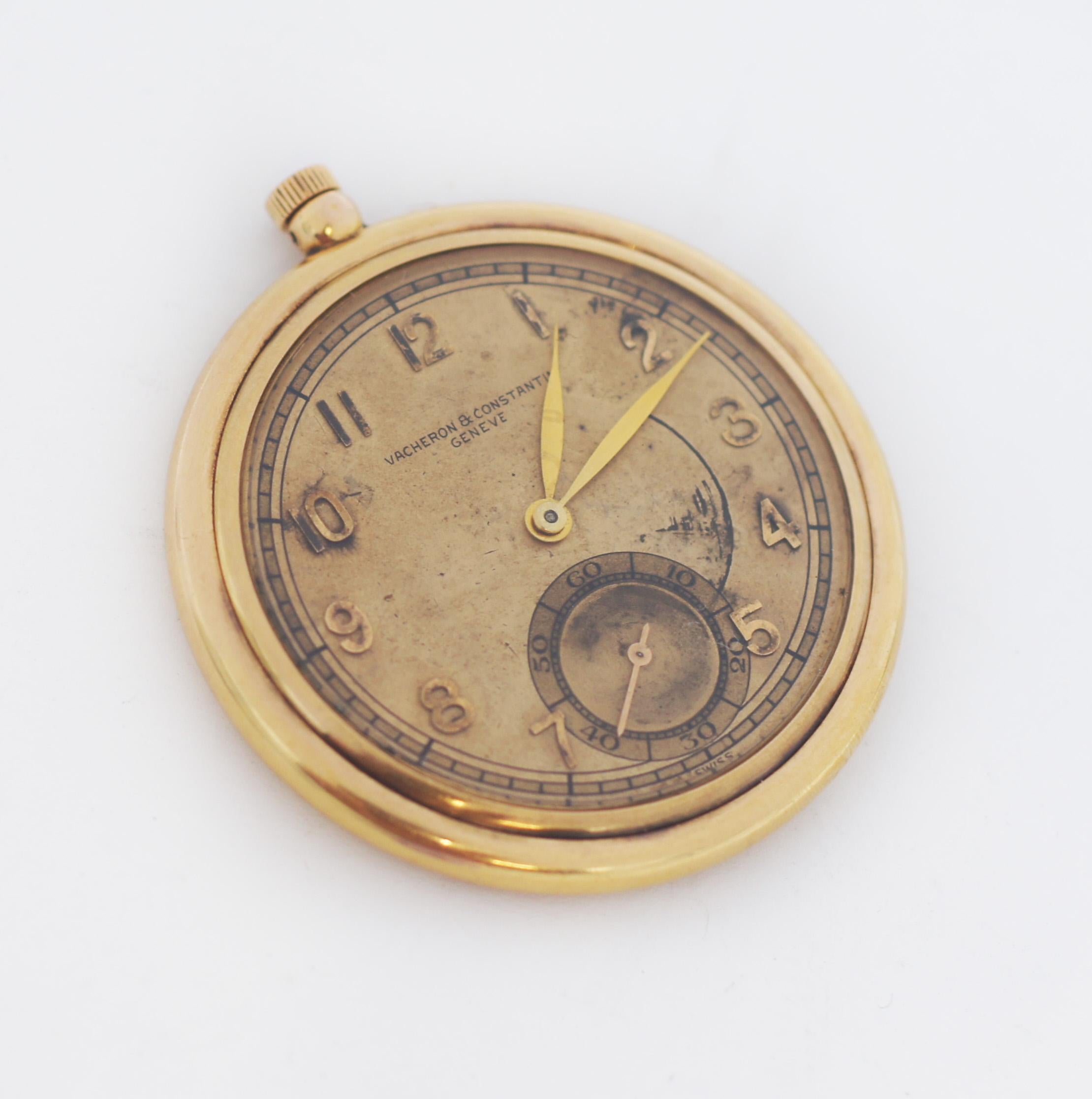 Vacheron Constantin Antique pocket watch 
Geneve
18 K Gold casing 
open face 
Dial is champagne/cream dial which has been toned and darken over time  
features Arabic gold numerals with sub-dial for seconds 
Gold hour and minute hands
Windup
