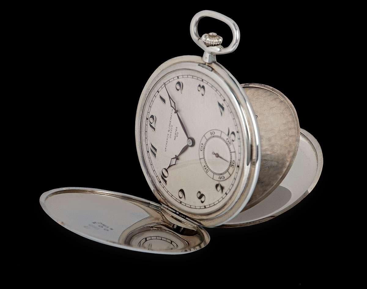  A 47 mm 18k White Gold Full Hunter Ultra Thin Double Name Meister Rio Vintage Gents Pocket Watch, silver dial with arabic numbers, small seconds at 6 0'clock, a fixed 18k white gold bezel, an 18k white gold chain, plastic glass, an 18k white gold
