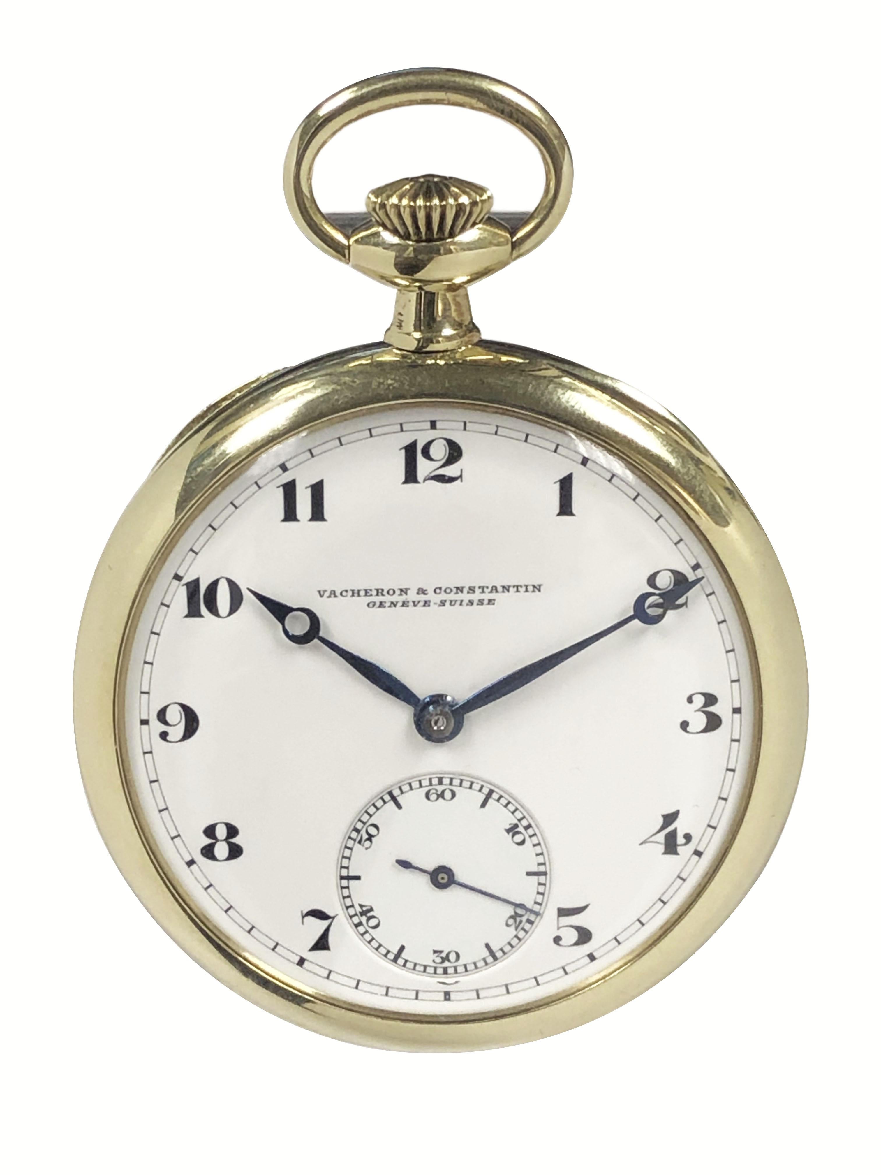 Circa 1920s Vacheron & Constantin Pocket watch, 44 M.M. 14k Yellow Gold 3 Piece case with inside Dust cover, the cover has an engraved presentation dated 1920. 17 Jewel Gilt lever movement, Porcelain Dial with sunk seconds chapter. Recently serviced