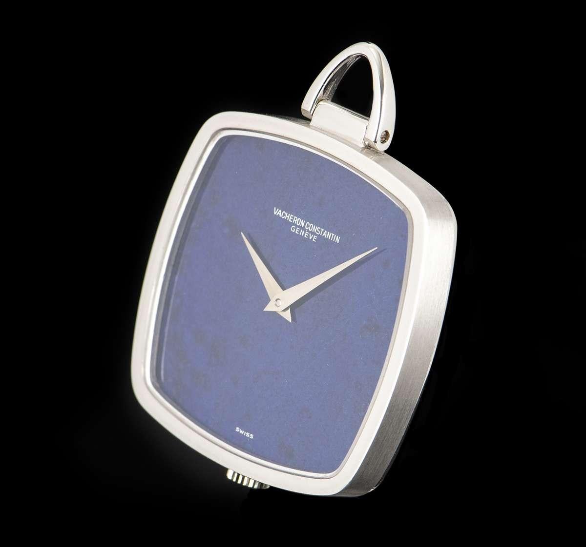 An 18k White Gold Pendant Gents Pocket Watch, lapis lazuli dial, a fixed 18k white gold bezel, sapphire glass, manual wind movement, in excellent condition - original caseback sticker still attached, comes with the original Vacheron Constantin