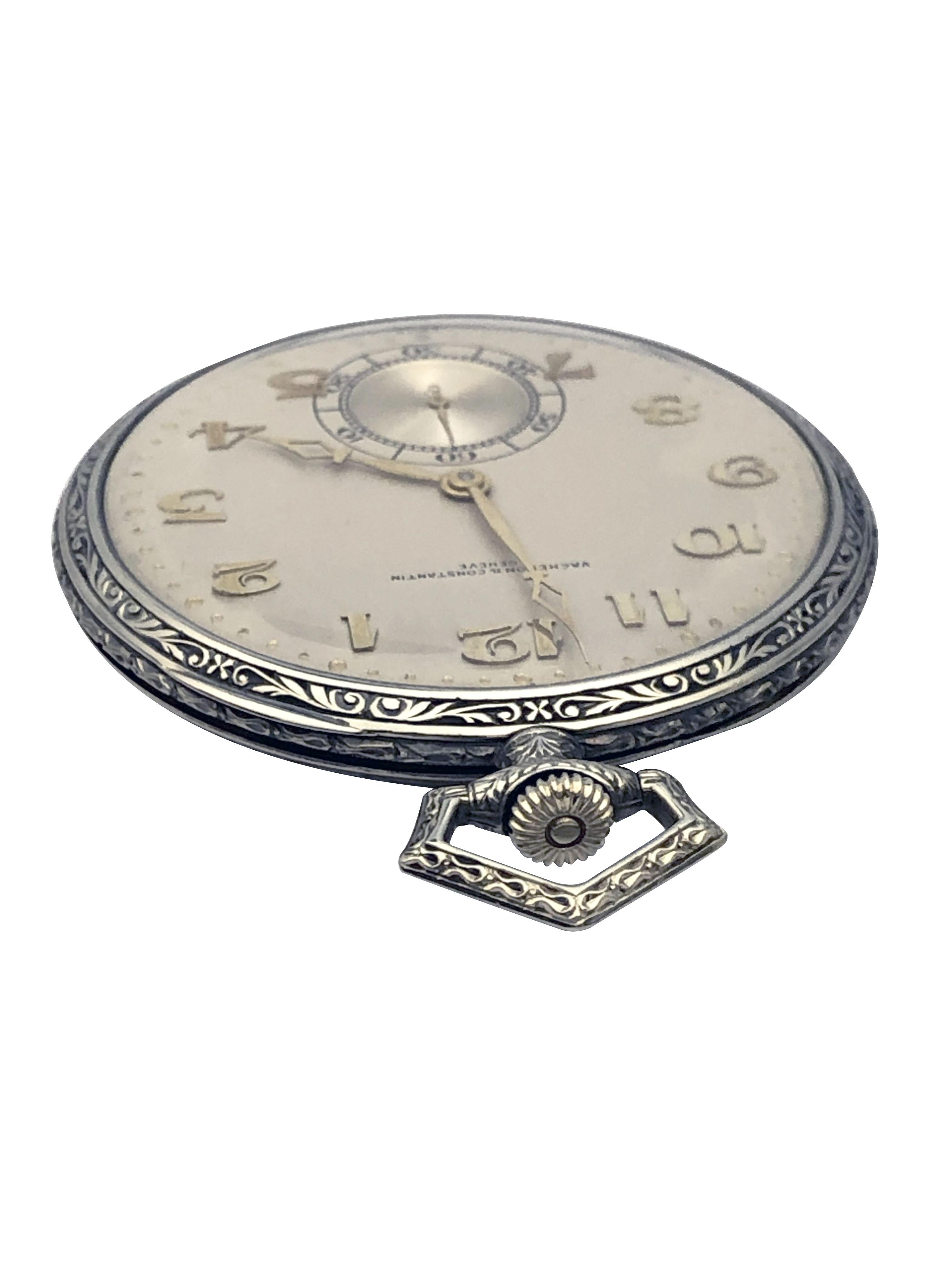 Circa 1920s Vacheron Constantin Pocket Watch, 45 M.M. x 6 M.M. thick 18k White Gold 4 piece contract for V & C case, 18 Jewel, Mechanical, Manual wind Nickle lever movement, beautiful Mint condition Silver Satin dial with Raised Gold Breguet markers