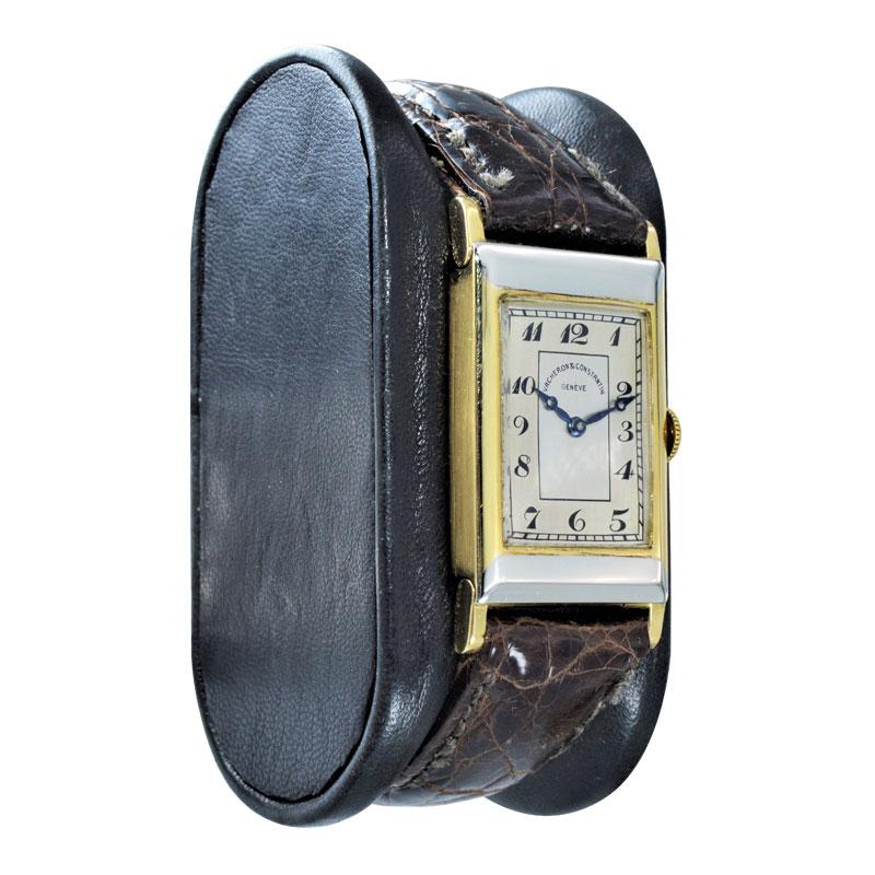 FACTORY / HOUSE: Vacheron Constantin
STYLE / REFERENCE: Art Deco / Two Tone Gold
METAL / MATERIAL: 18 Kt Yellow Gold
DIMENSIONS: Length 39mm  X Width 22mm
CIRCA YEAR: 1930's
MOVEMENT / CALIBER: Manual Winding / 15 Jewels 
DIAL / HANDS: Original with