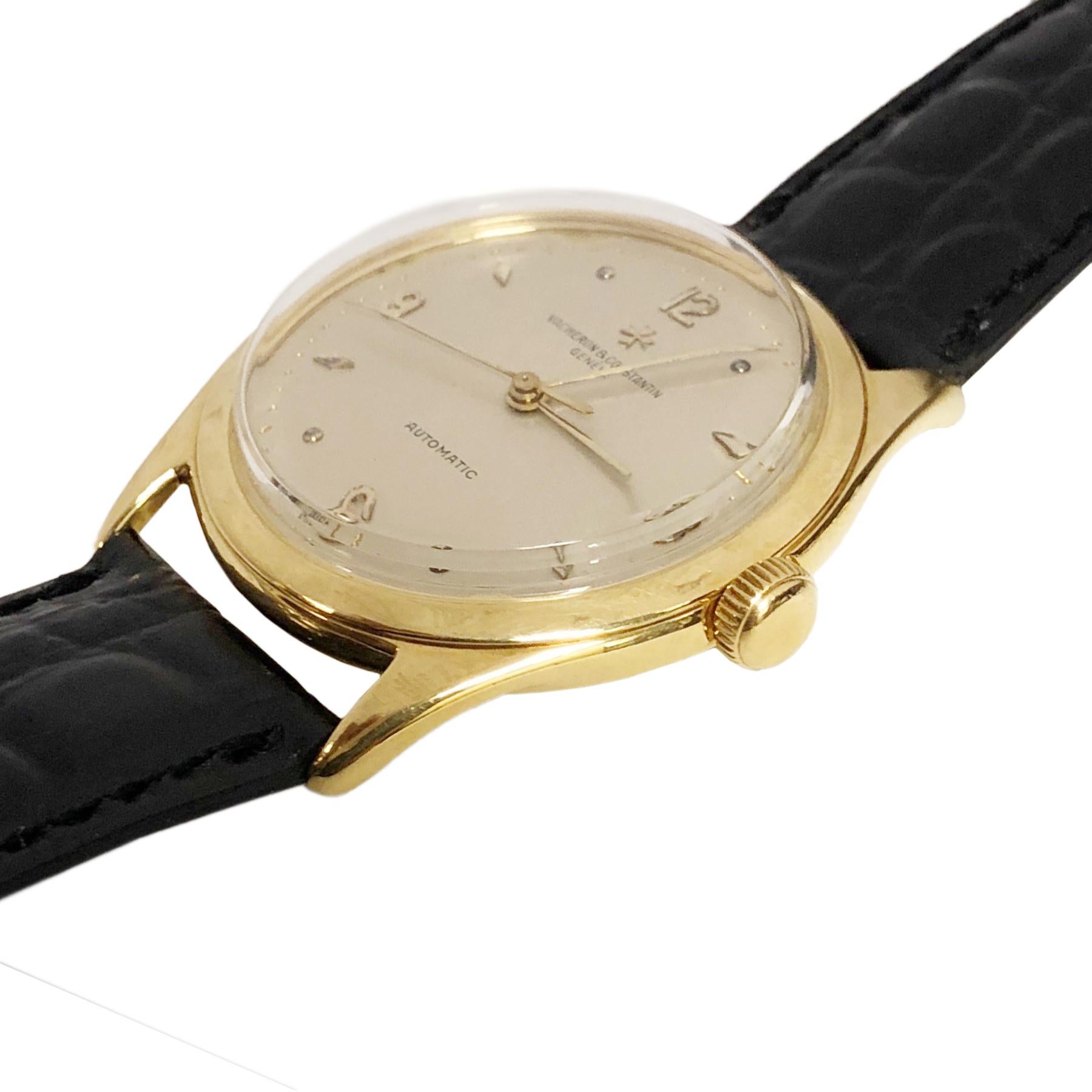 Circa 1950s Vacheron & Constantin Wrist watch, 36 MM 18K Yellow Gold Water proof case, Automatic, self winding movement, original Excellent mint condition Silvered dial with raised gold markers and a sweep seconds hand. New DeBeer Black Alligator