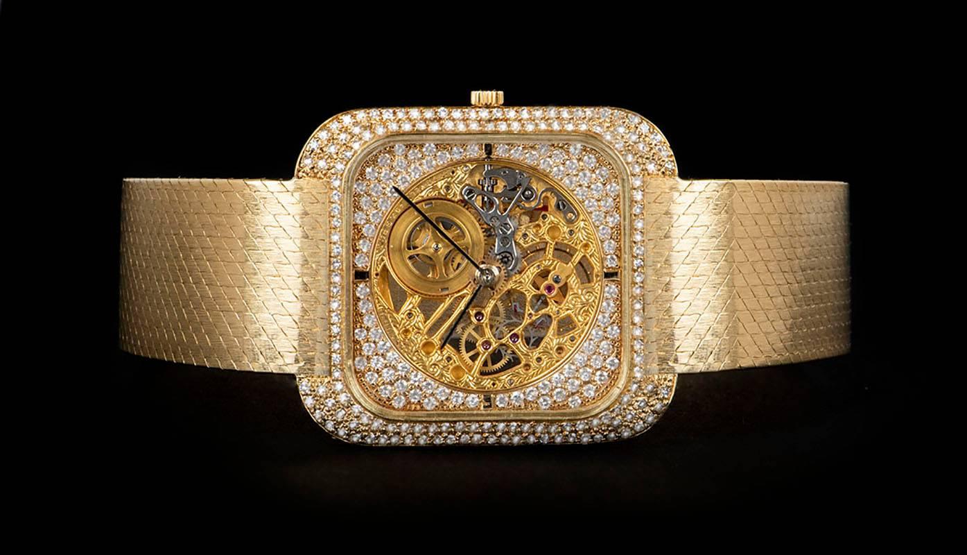 Vacheron Constantin Yellow Gold Diamond Set Skeleton Dial Manual Wristwatch In Excellent Condition In London, GB