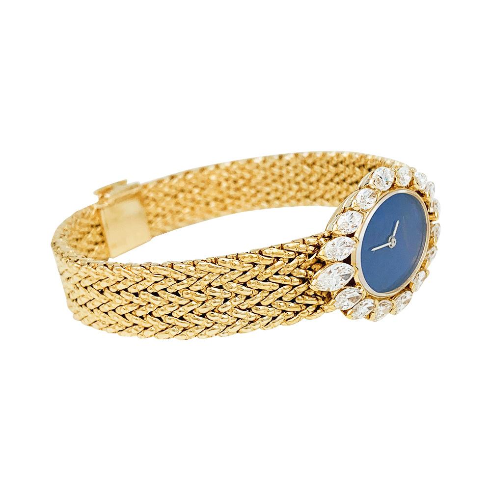 A 18Kt yellow gold Vacheron Constantin jewelry oval watch, set on a yellow gold bracelet, lapis lazuli dial surrounded with marquise-cut diamonds dial. 
Manual Duoplan winding movement with a back winder.
Diamond weight : 4.20 carats in Quality