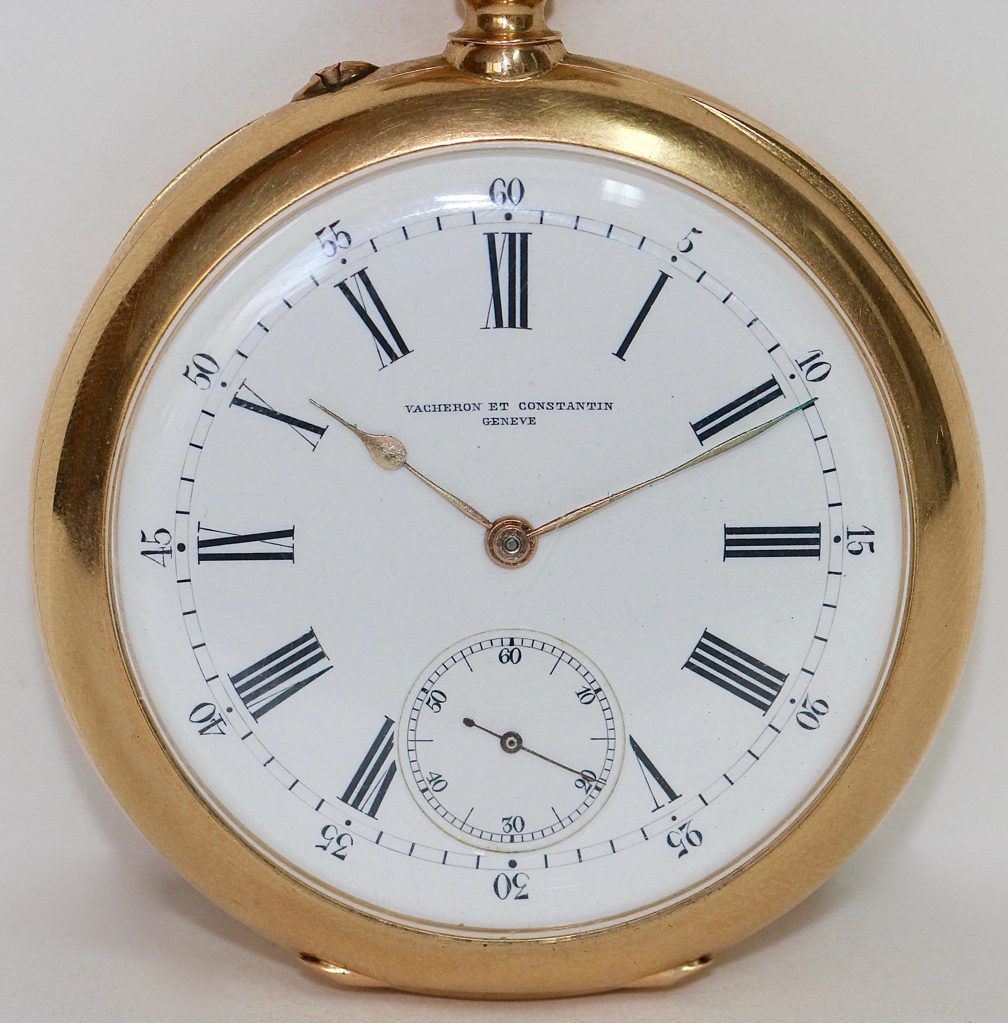 High quality collector's pocket watch from Vacheron et Constantin Geneve. 
Including original case. Hallmarked, 18k Gold

The clock works. 

