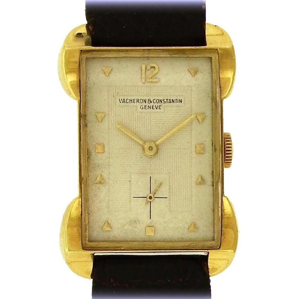 18K yellow gold Vacheron & Constantin Ref. 4739, circa 1952, is a fine and rare, rectangular, 18K yellow gold wristwatch with fancy lugs.  The 26mm x 37mm case has a snapback, scalloped ear-shape fancy lugs, and a curved crystal. The matte silvered