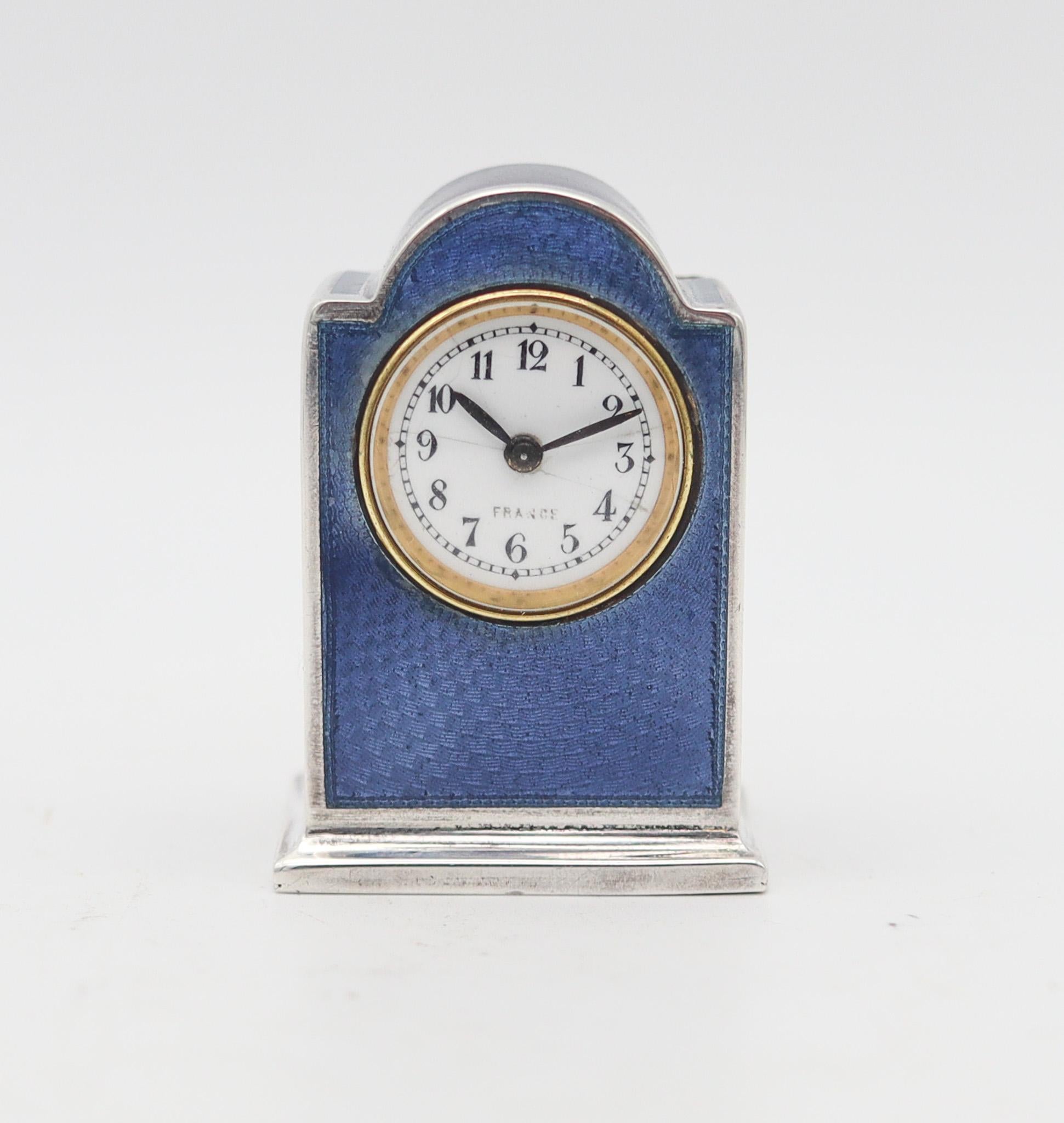 French VACHET Paris 1910 Edwardian Miniature Enameled Guilloché Clock In .800 Silver For Sale