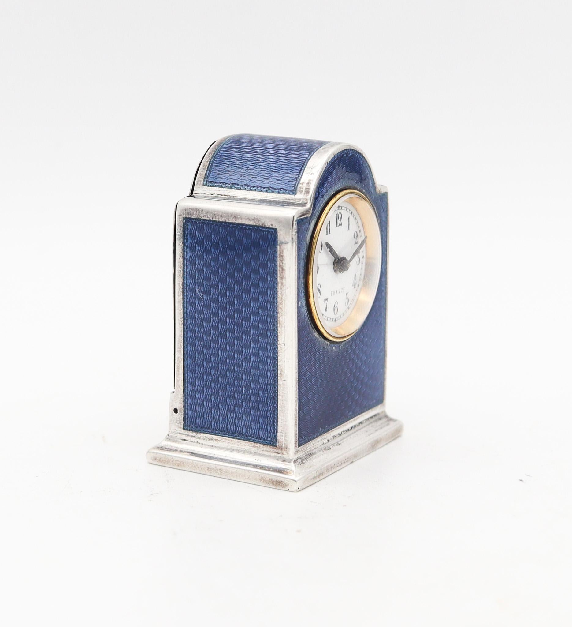 VACHET Paris 1910 Edwardian Miniature Enameled Guilloché Clock In .800 Silver In Excellent Condition For Sale In Miami, FL