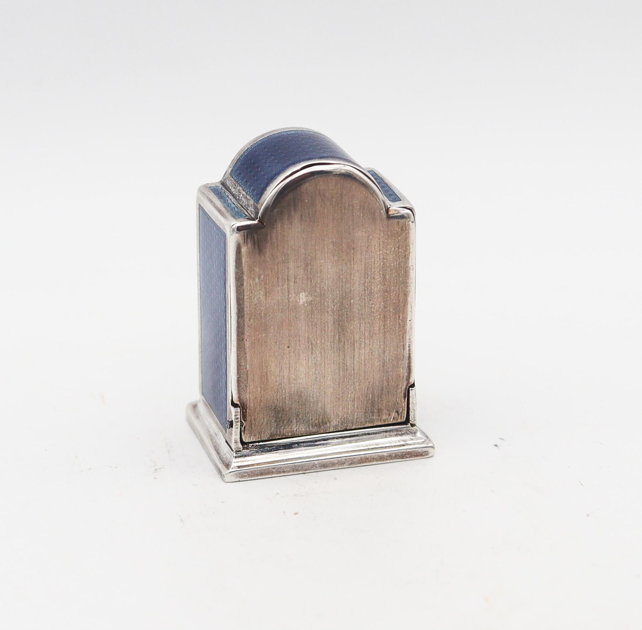 French VACHET Paris 1910 Edwardian Miniature Enameled Guilloché Clock In .800 Silver For Sale