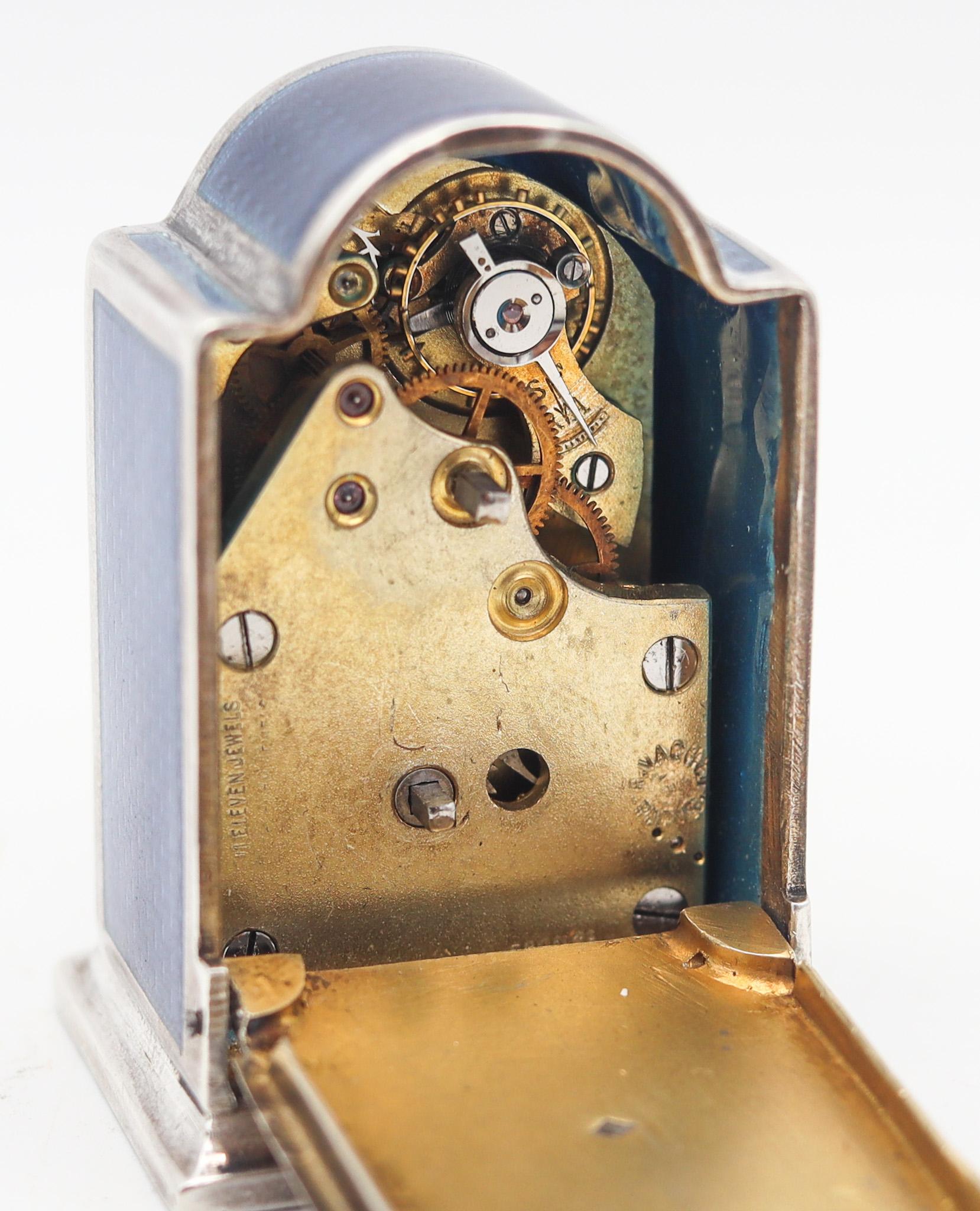 VACHET Paris 1910 Edwardian Miniature Enameled Guilloché Clock In .800 Silver For Sale 2