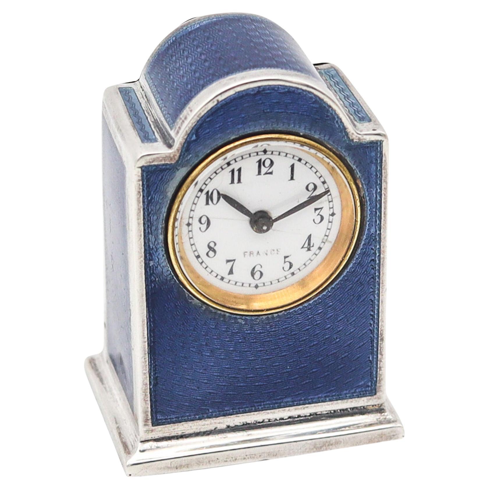 VACHET Paris 1910 Edwardian Miniature Enameled Guilloché Clock In .800 Silver For Sale