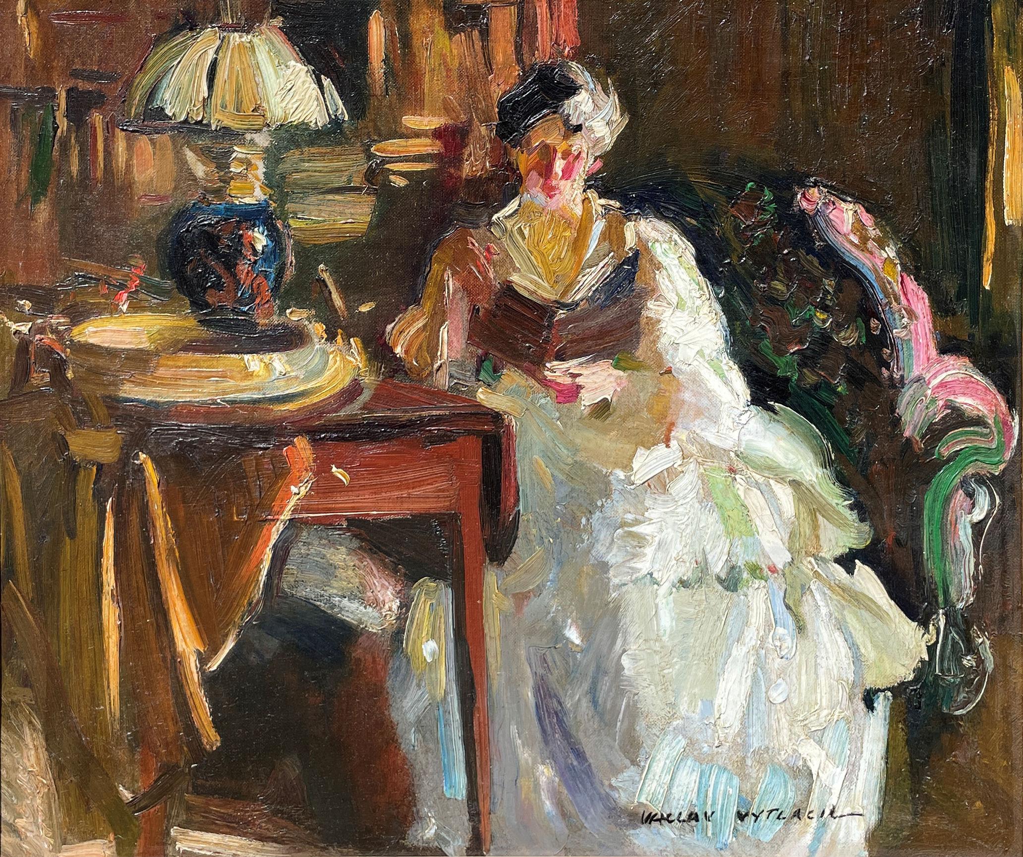 "Mujer leyendo en un interior" Vaclav Vytlacil, Retrato de pincelada suelta