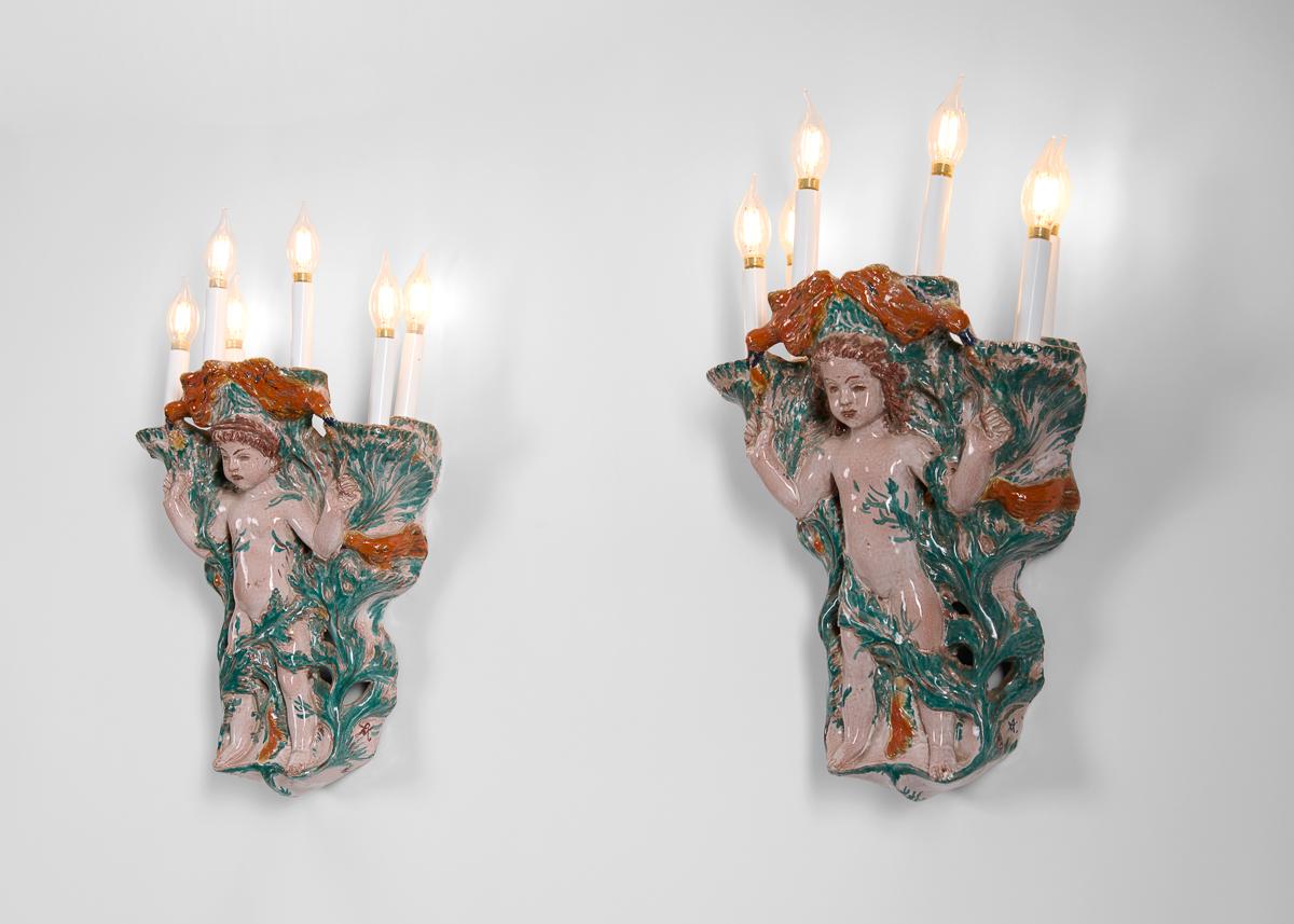 Glazed Vadim Androusov, Les Enfants aux Oiseaux Pair of Sconces, France, 1946 For Sale
