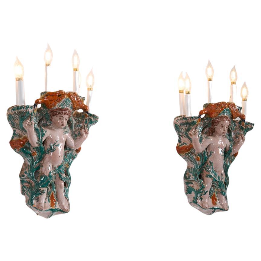 Vadim Androusov, Les Enfants aux Oiseaux Pair of Sconces, France, 1946 For Sale