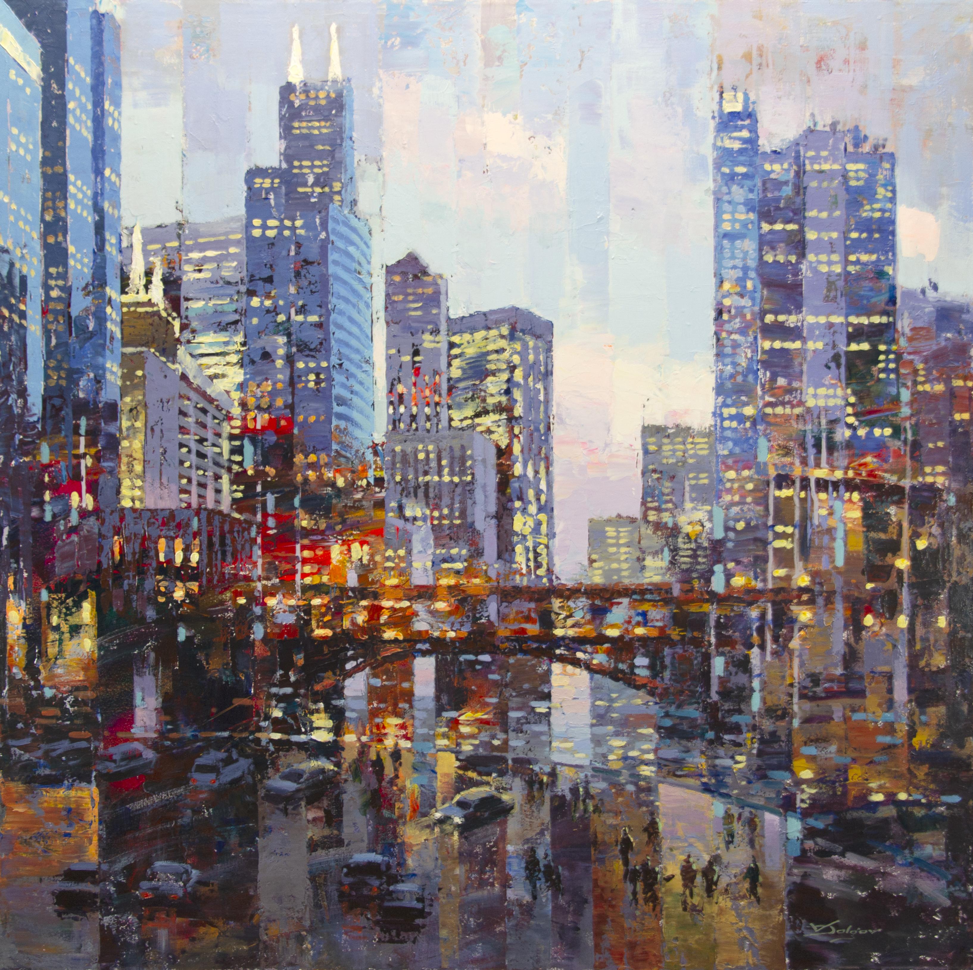 Vadim Dolgov Landscape Painting - "Chicago Night, " Acrylic Painting