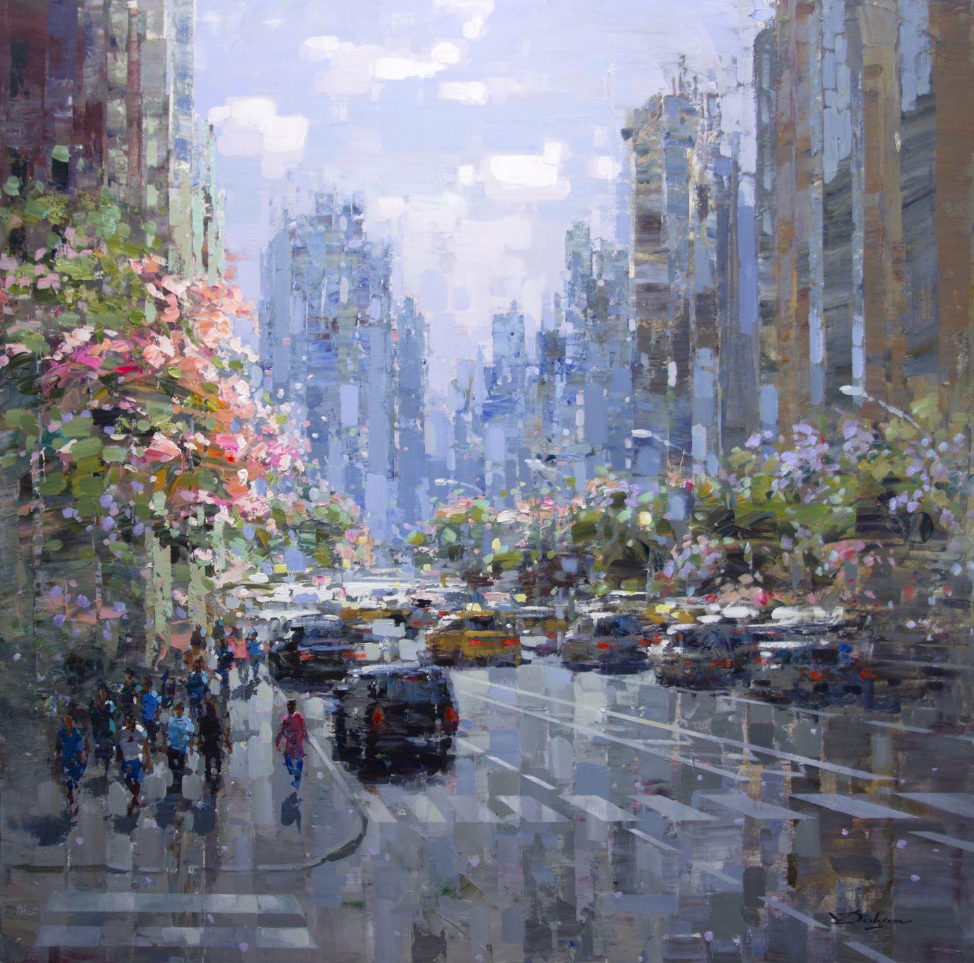 Vadim Dolgov Figurative Painting - "City, Spring Time, " Acrylic Painting