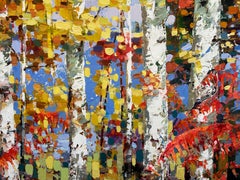 Peinture paysagère contemporaine des couleurs d'automne "Bouleaux ensoleillés".