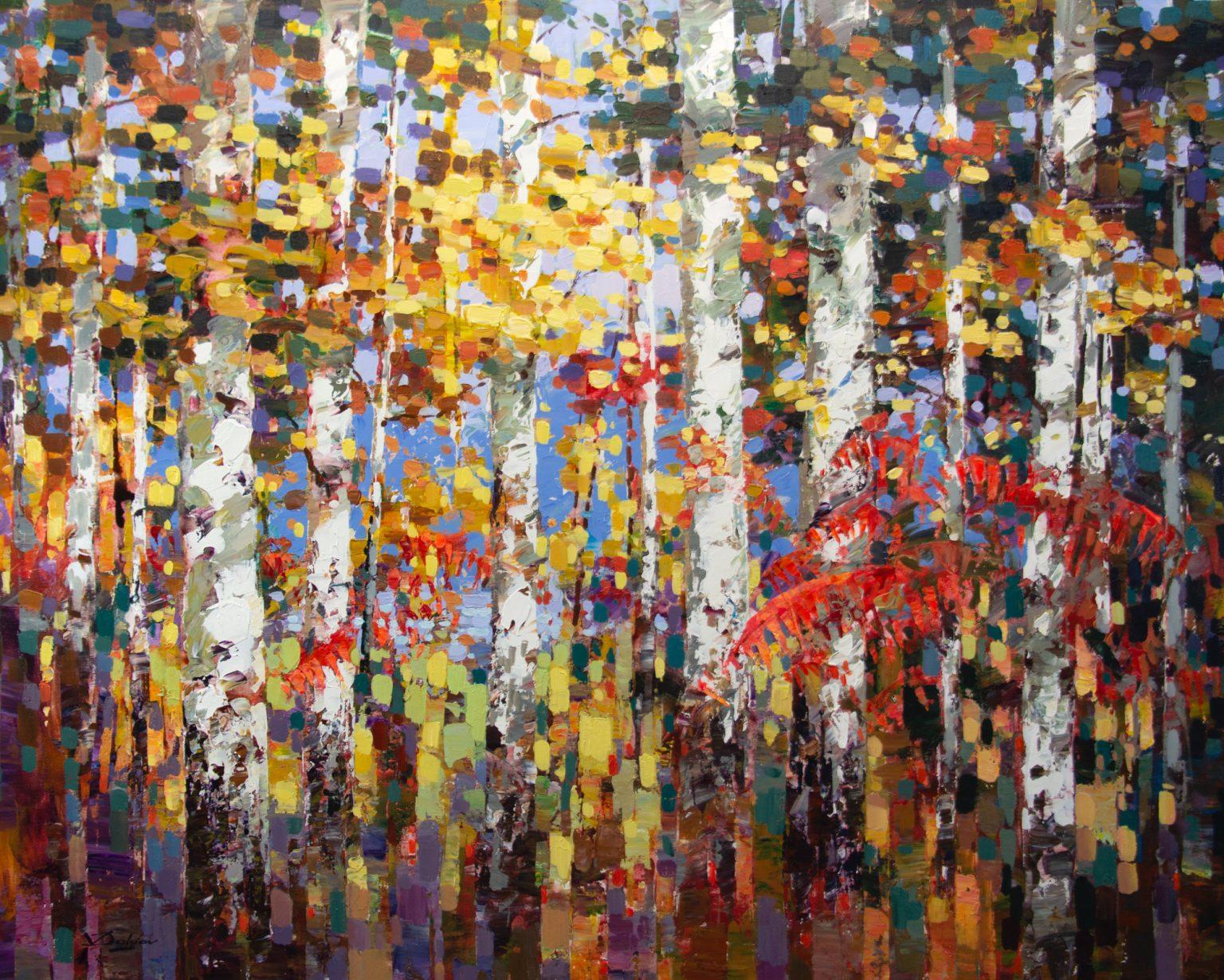 Vadim Dolgov Landscape Painting - Contemporary Cubist Inspired Fall Trees 'Sunlit Birches'